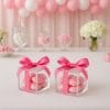 Scatoline plexiglass con fiocco rosa e confetti, perfette per battesimi e nascite