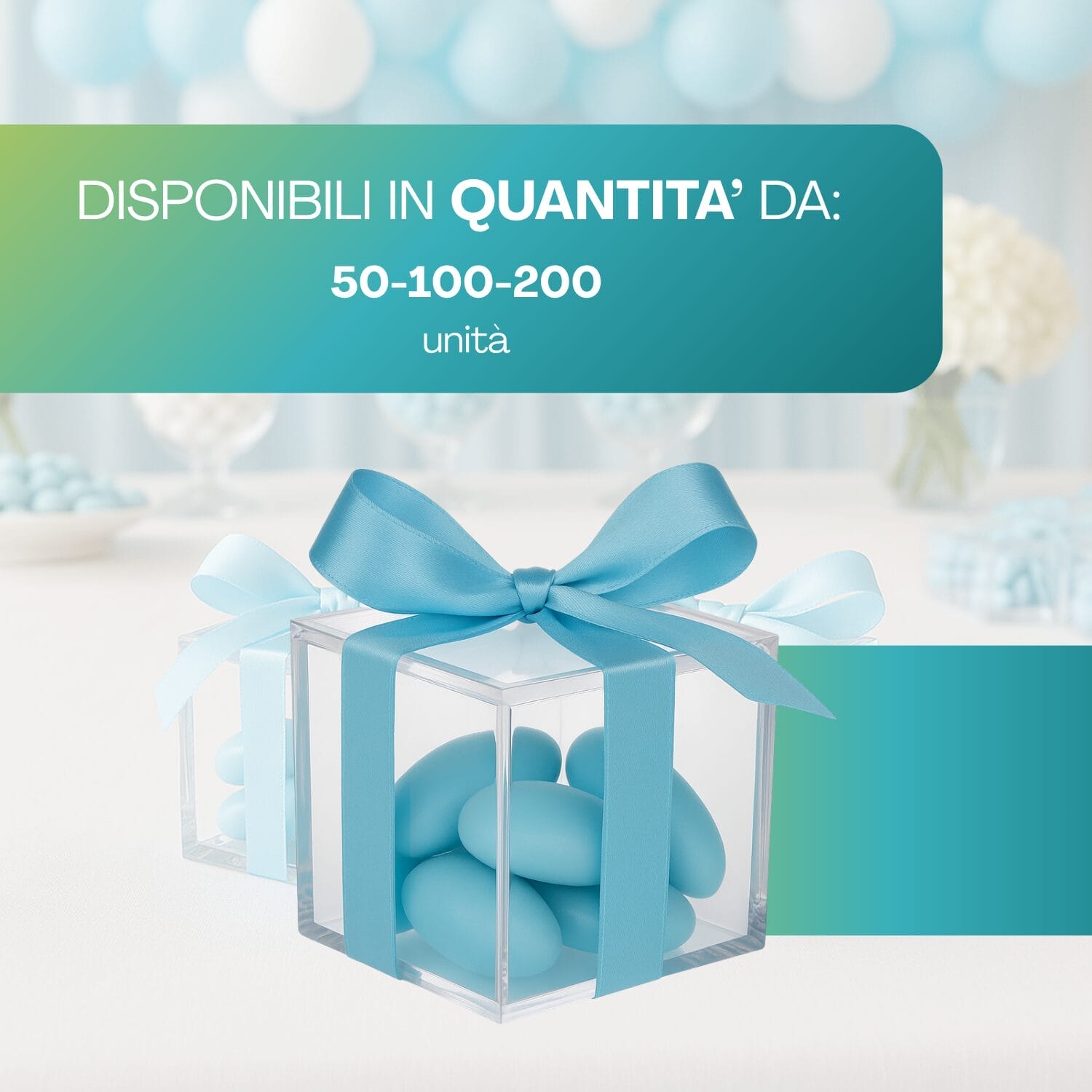 Cubo plexiglass con confetti azzurri e fiocco, disponibile in confezioni da 50 a 200 pezzi