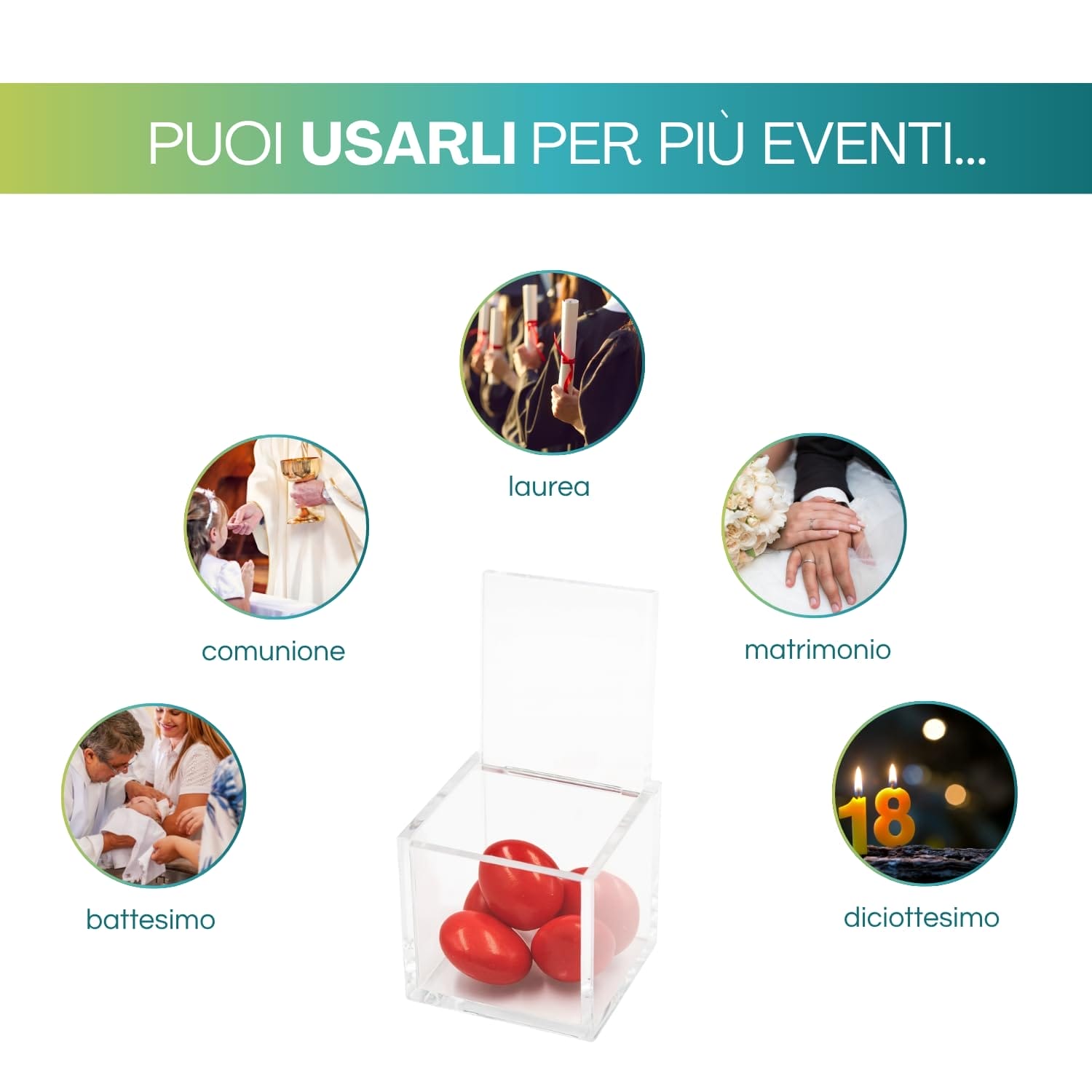 Cubo portaconfetti in plexiglass per bomboniere laurea, battesimo, matrimonio, comunione