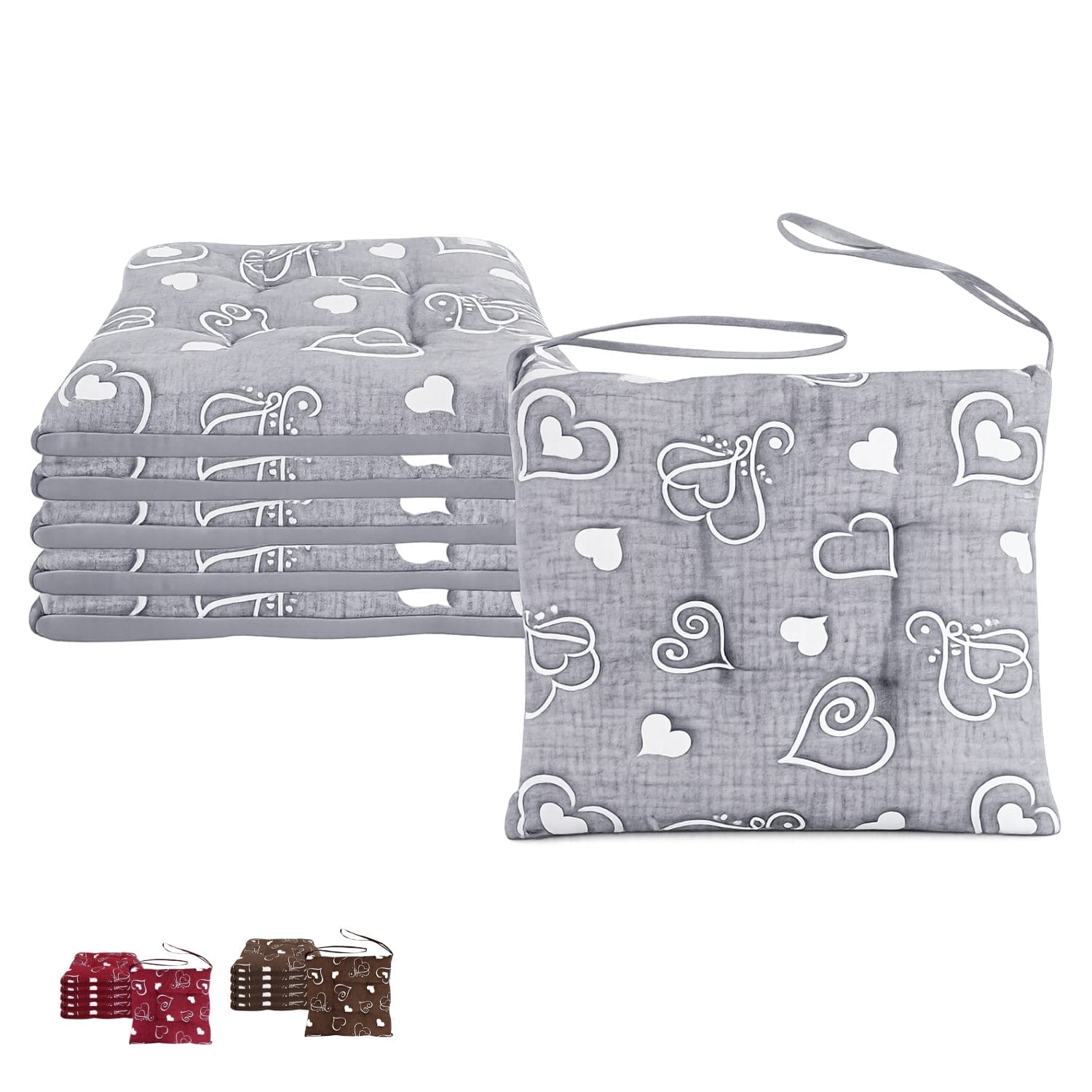 cuscini coprisedia cuori grigio principale Cuscini coprisedia con motivo cuori romantici e pratici lacci di fissaggio, set da 6 da 40x40 cm