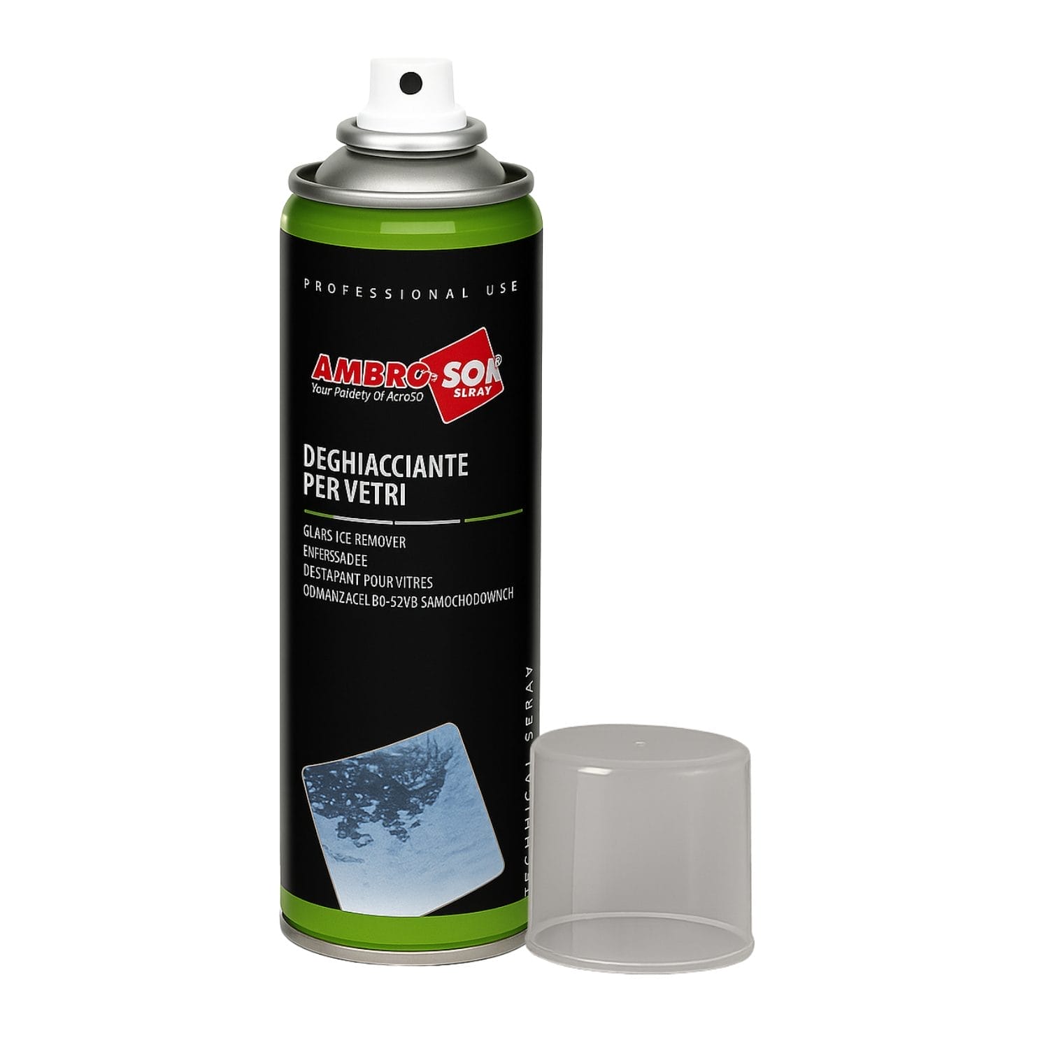 Spray Ambro-Sol deghiacciante per vetri auto con tappo trasparente rimosso