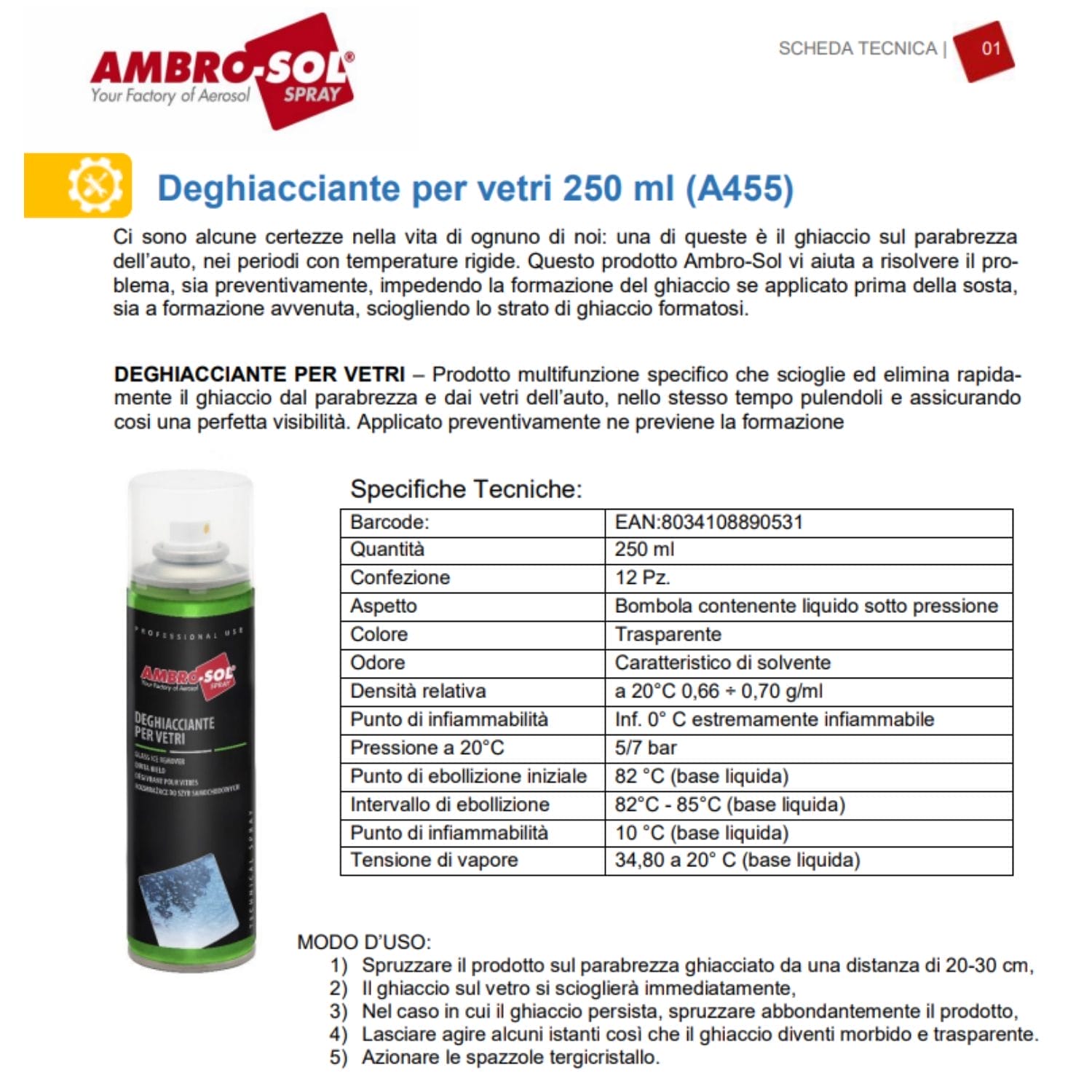 Scheda tecnica deghiacciante Ambro-Sol per vetri 250 ml con specifiche e uso