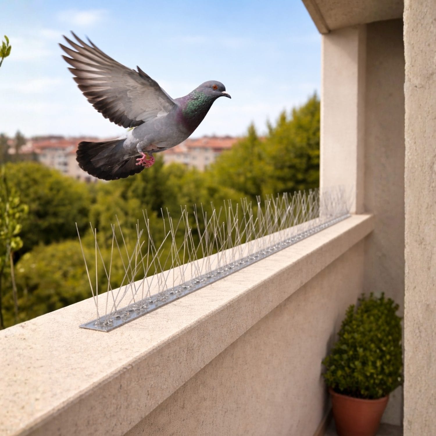 Dissuasore piccioni installato su balcone per prevenire posa uccelli