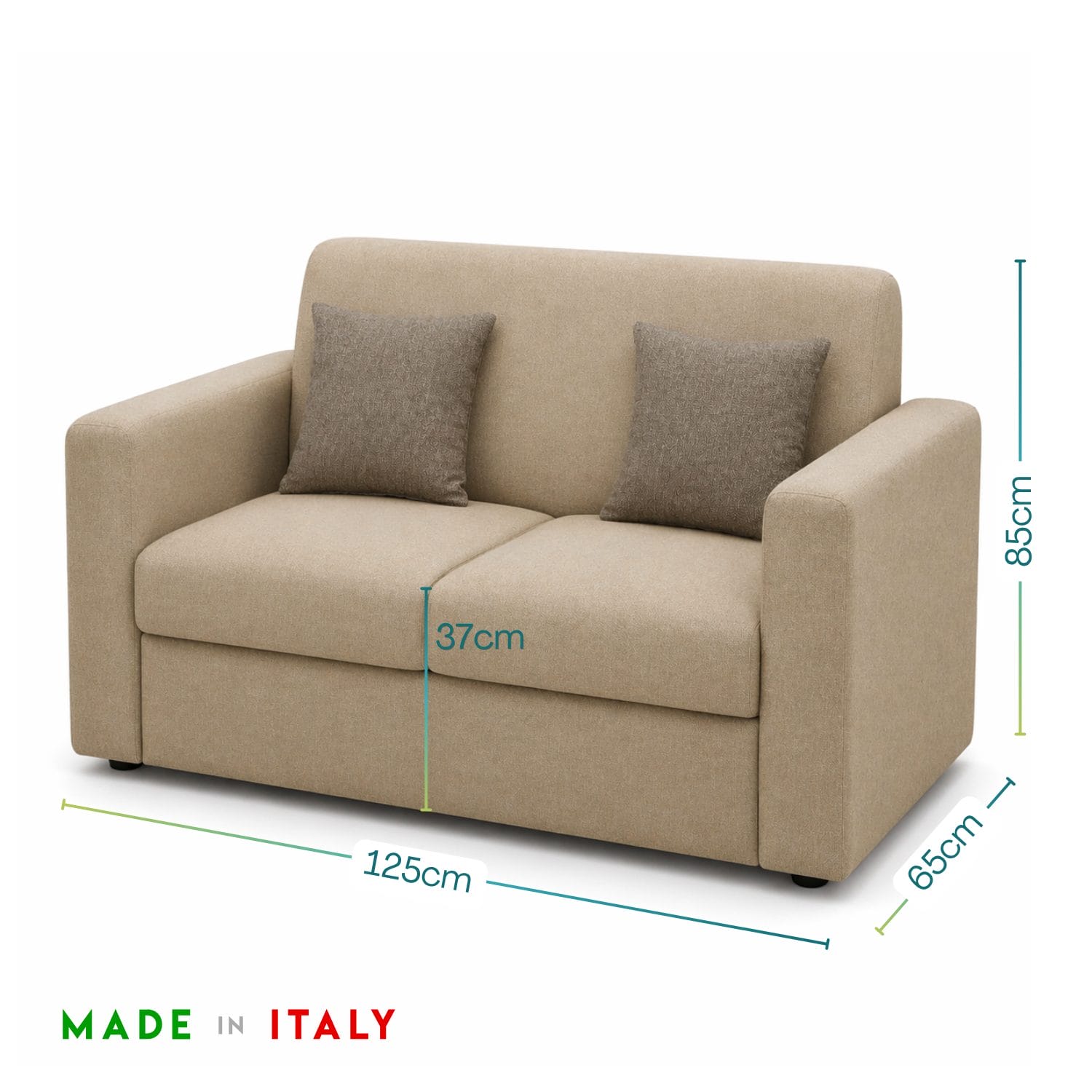 Divano due posti beige in tessuto con cuscini inclusi e dimensioni 125x65x85 cm, altezza seduta 37 cm, Made in Italy