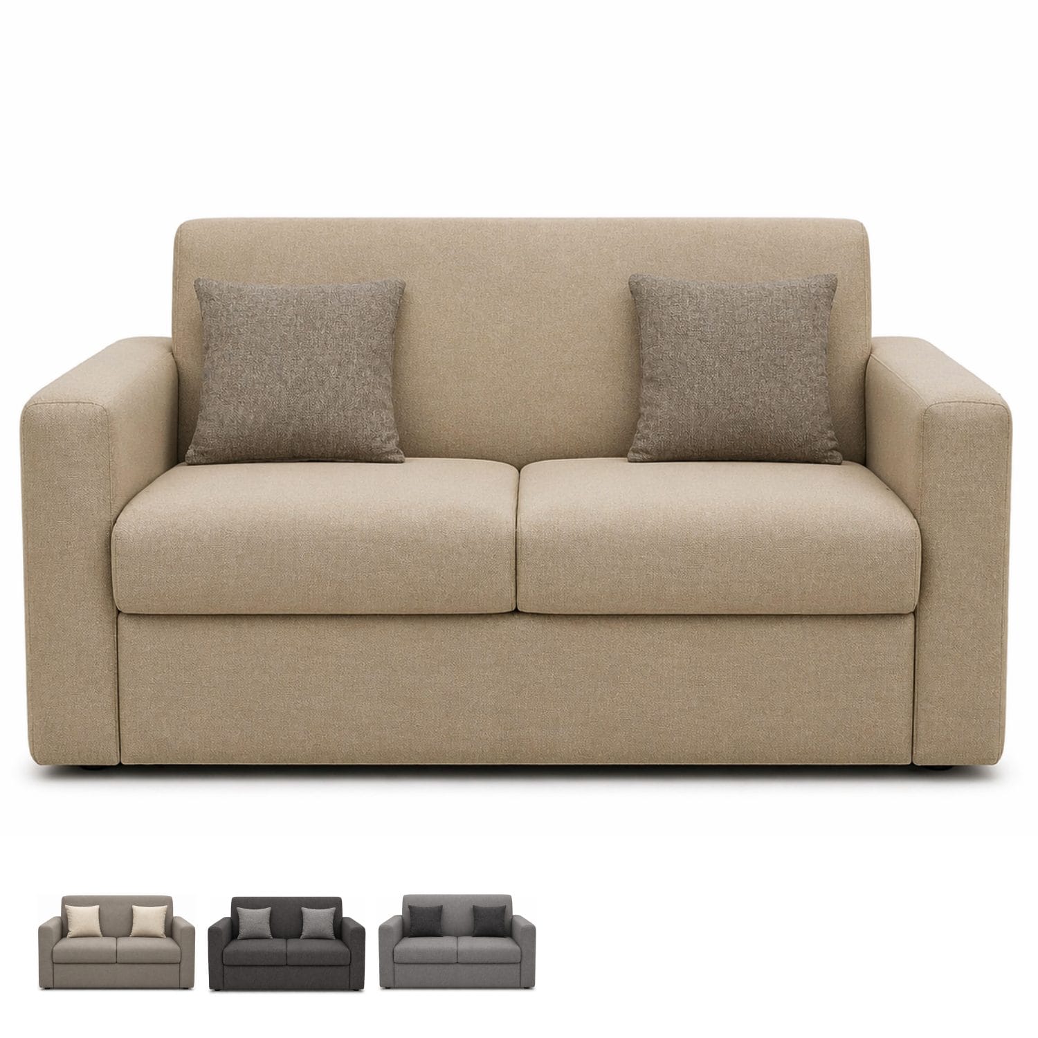Divano due posti beige in tessuto con cuscini, design moderno e compatto