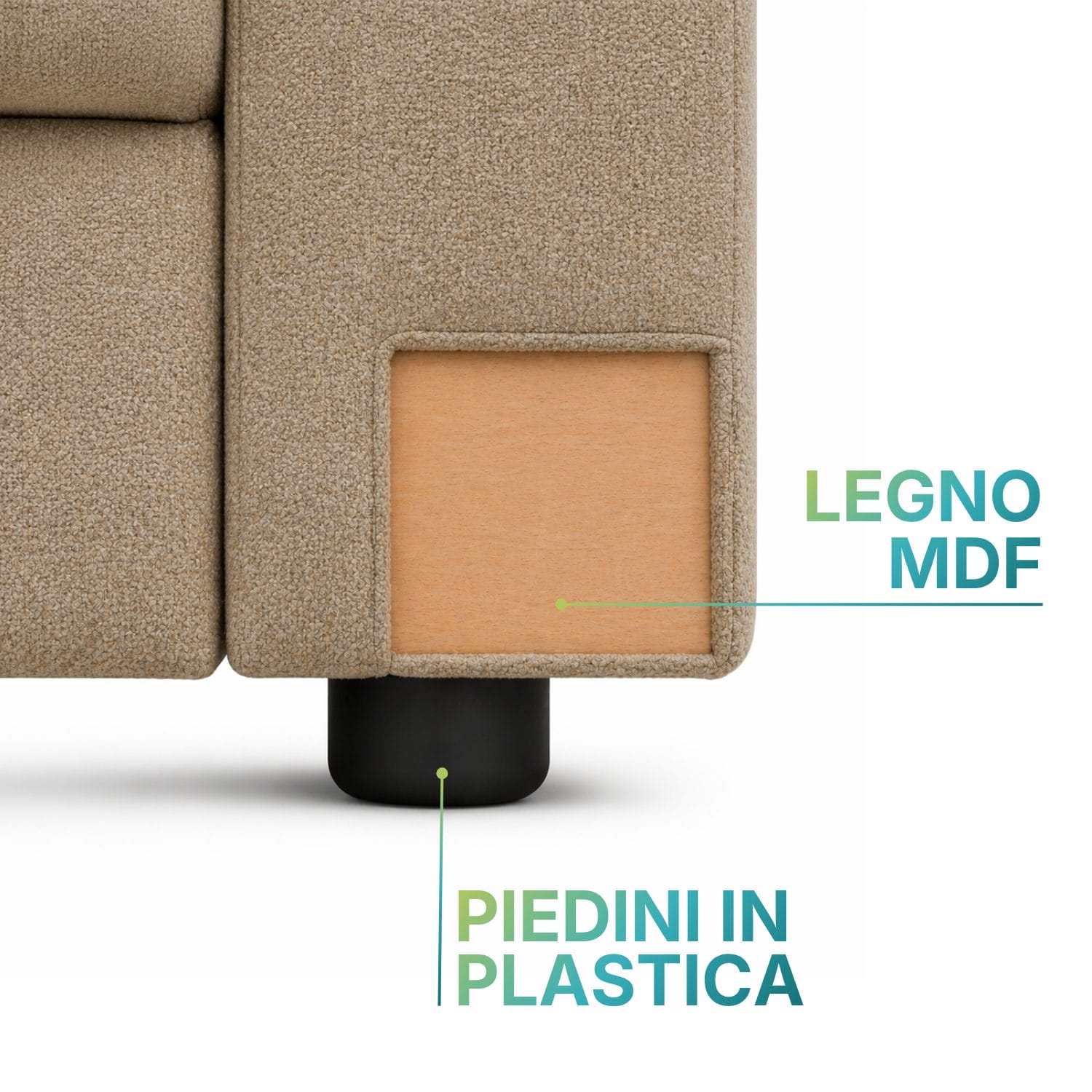 Dettaglio divano con struttura in legno MDF e piedini in plastica neri