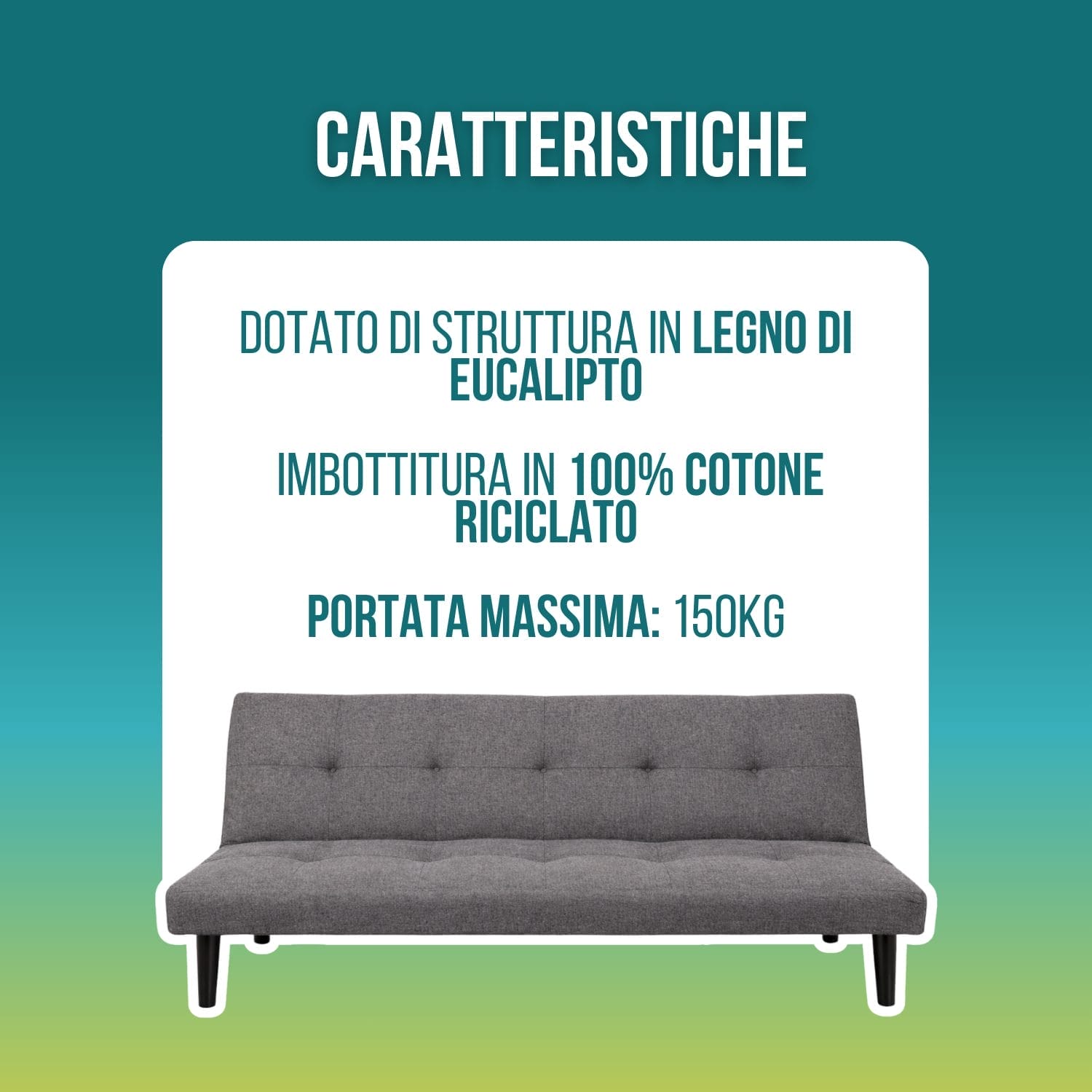 Divano letto in tessuto grigio con struttura in legno di eucalipto, imbottitura in cotone riciclato e portata 150 kg