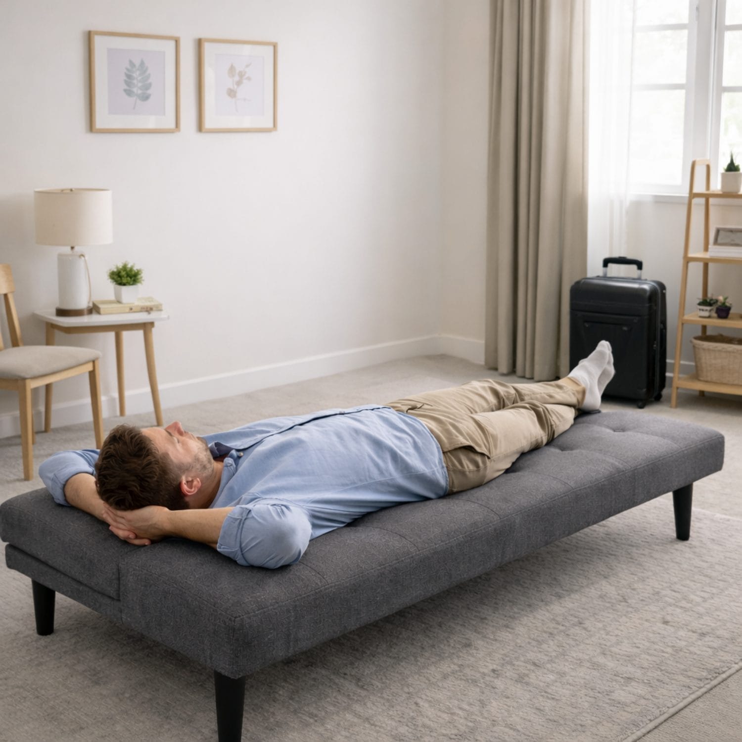 divano in tessuto coreografica 2 Divano letto in tessuto grigio utilizzato come letto singolo, ideale per ospiti e piccoli spazi abitativi