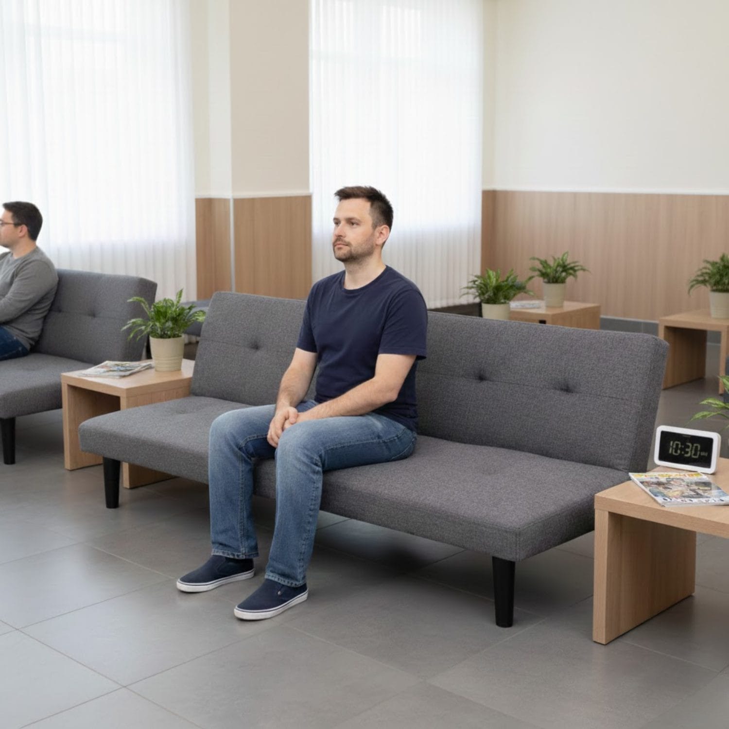 Divano in tessuto grigio con schienale reclinabile, ambientato in sala d’attesa o zona living moderna