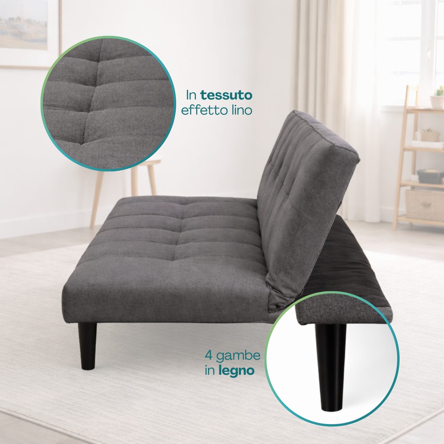 Dettaglio divano in tessuto effetto lino grigio con imbottitura trapuntata e gambe in legno nero