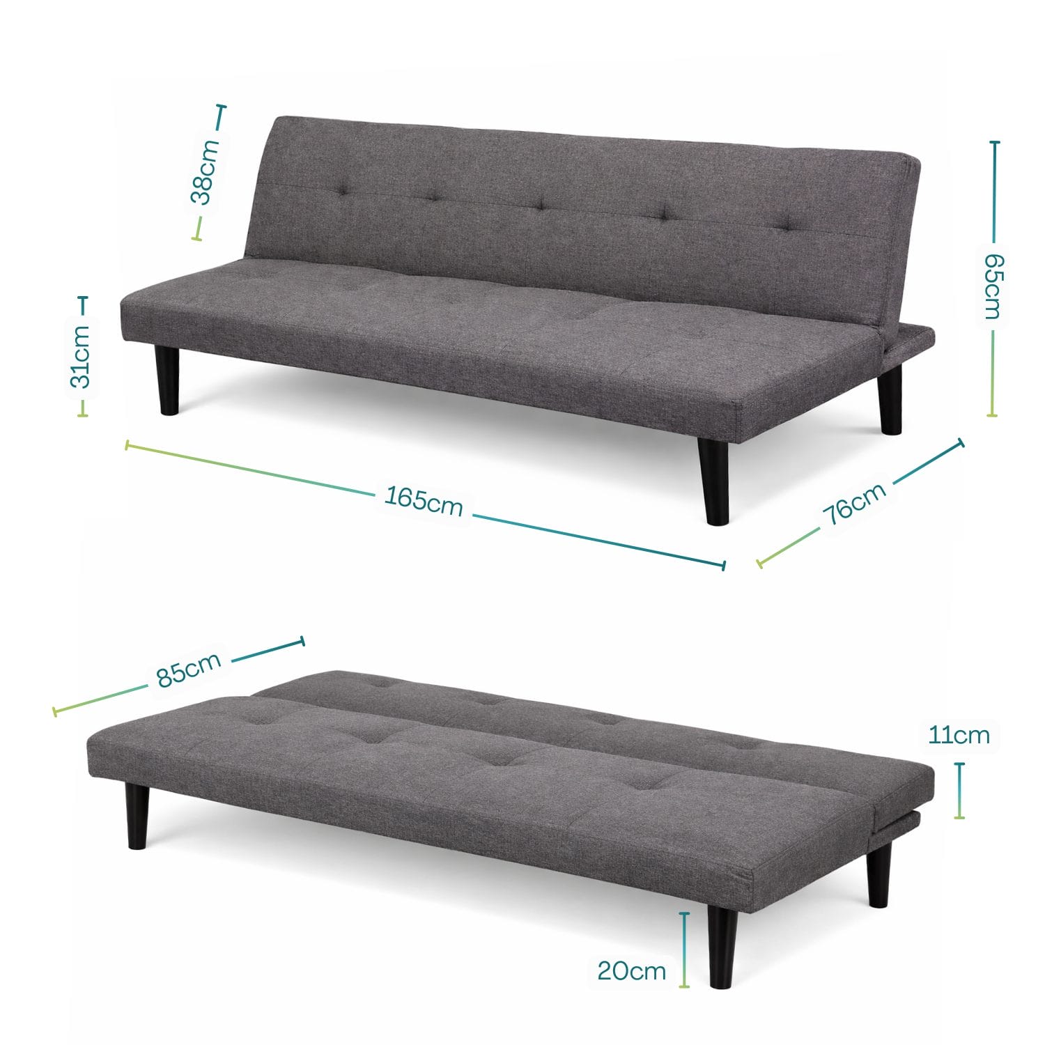 Divano letto in tessuto grigio con misure 165x76 cm, altezza seduta 31 cm e schienale reclinabile