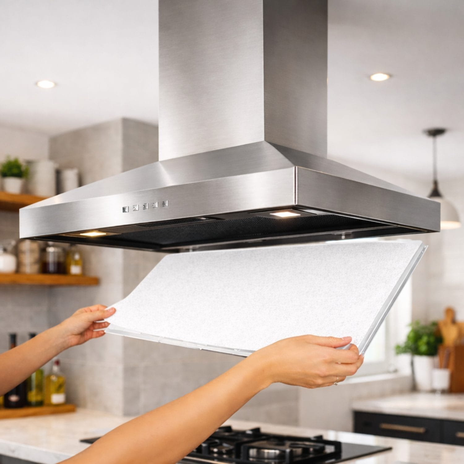 Filtro per cappa aspirante bianco montato sotto cappa da cucina in acciaio