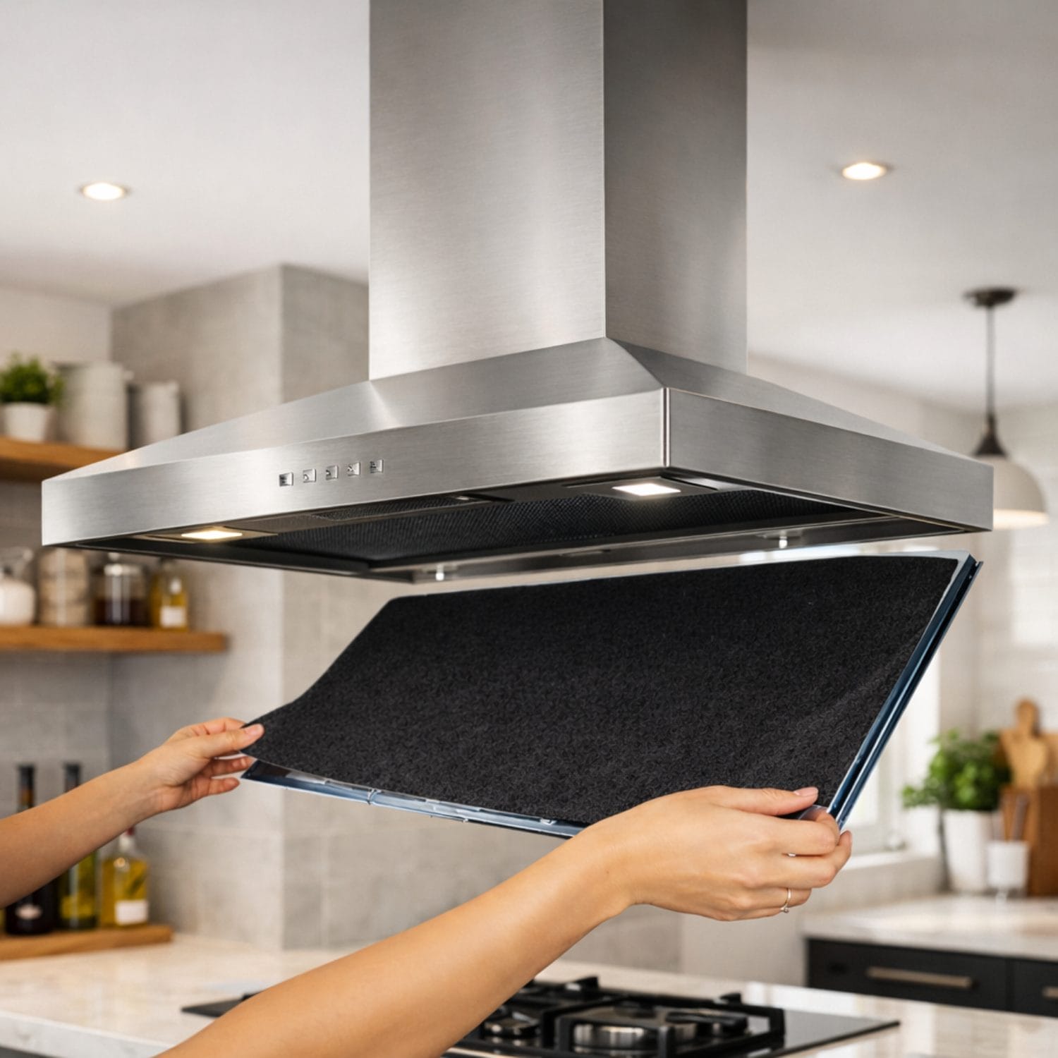 Filtro per cappa aspirante nero montato sotto cappa da cucina moderna