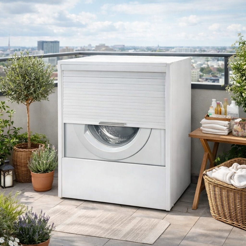 Mobile coprilavatrice da esterno in colore bianco con serrandina, posizionato su terrazzo moderno