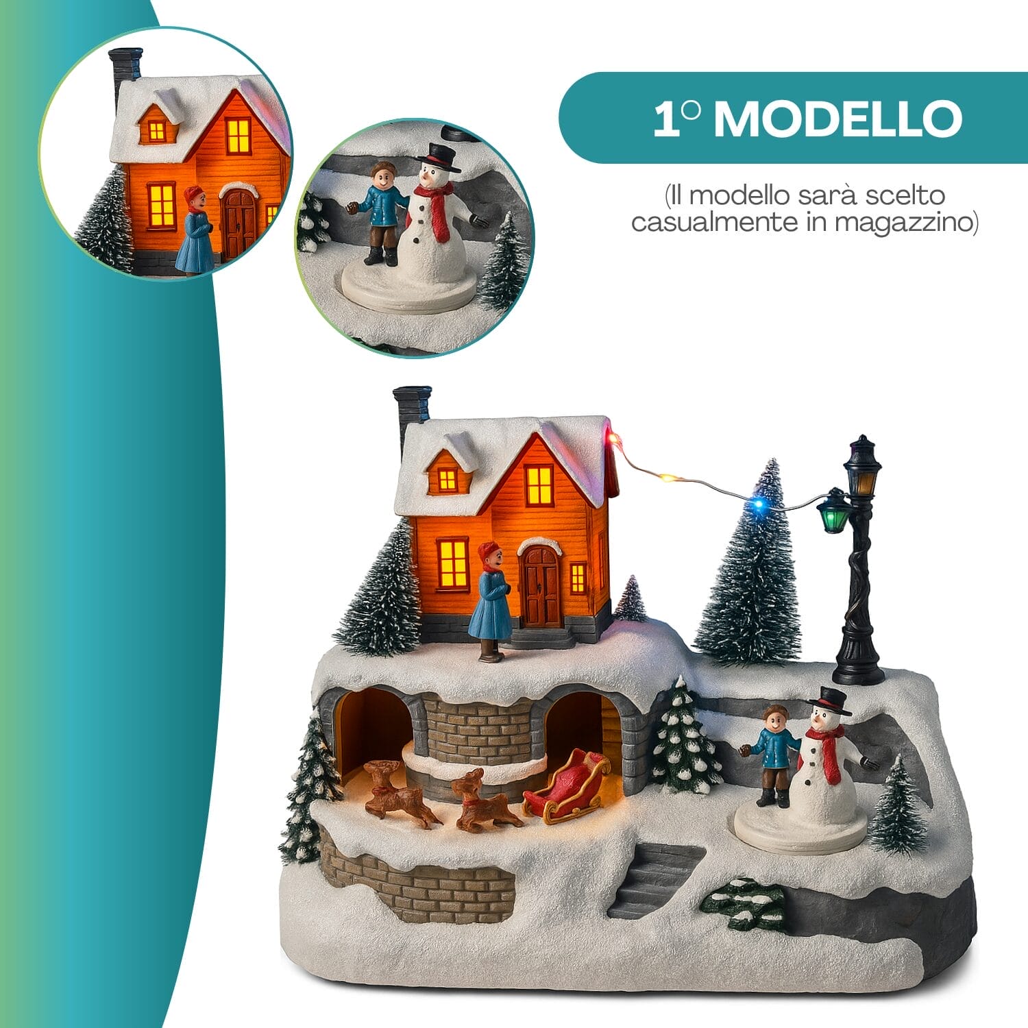 giostrina-di-natale Casetta natalizia luminosa Paluplus con neve e pupazzo di neve decorativo