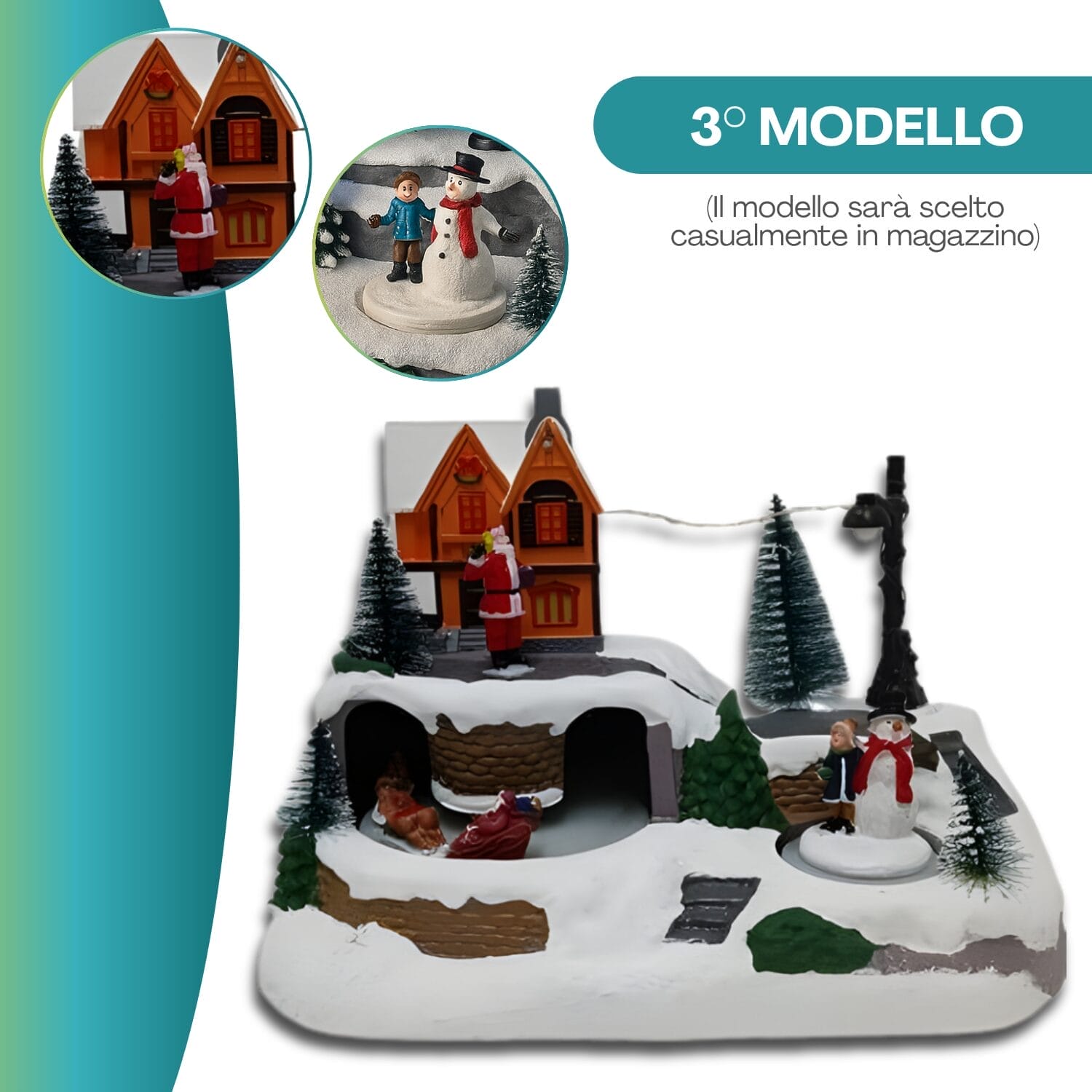 giostrina-di-natale-3 Casetta di Natale con pupazzo di neve, lampione e dettagli innevati