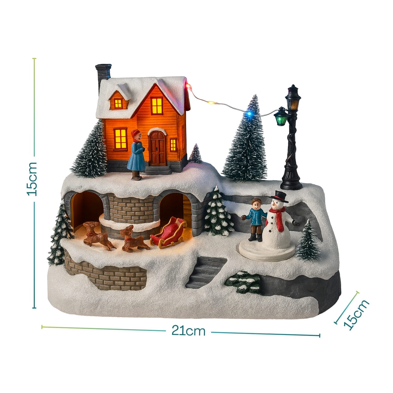 giostrina-di-natale-misure Casetta natalizia luminosa Paluplus 21x15x15 cm con neve e pupazzo di neve