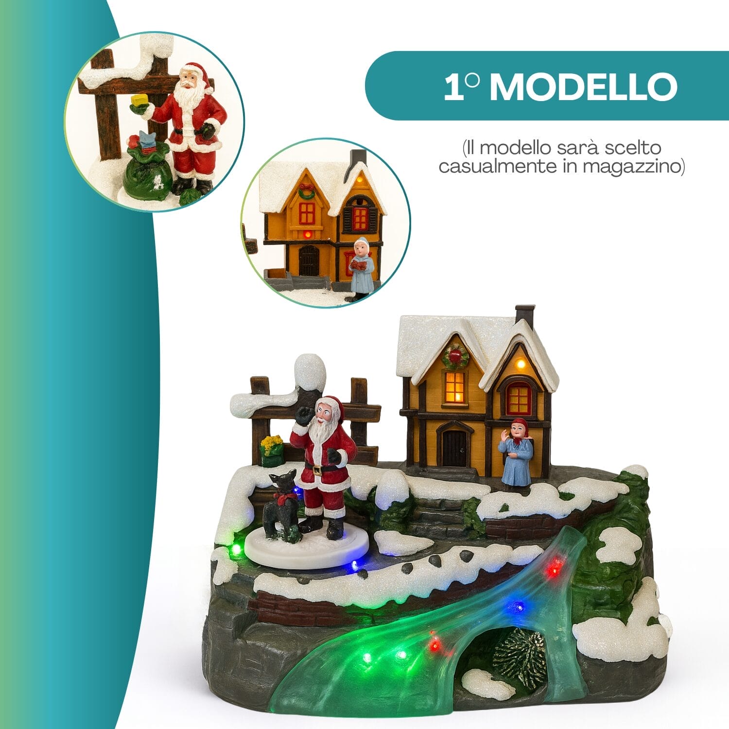 Villaggio di Natale luminoso con Babbo Natale, casetta e decorazioni innevate