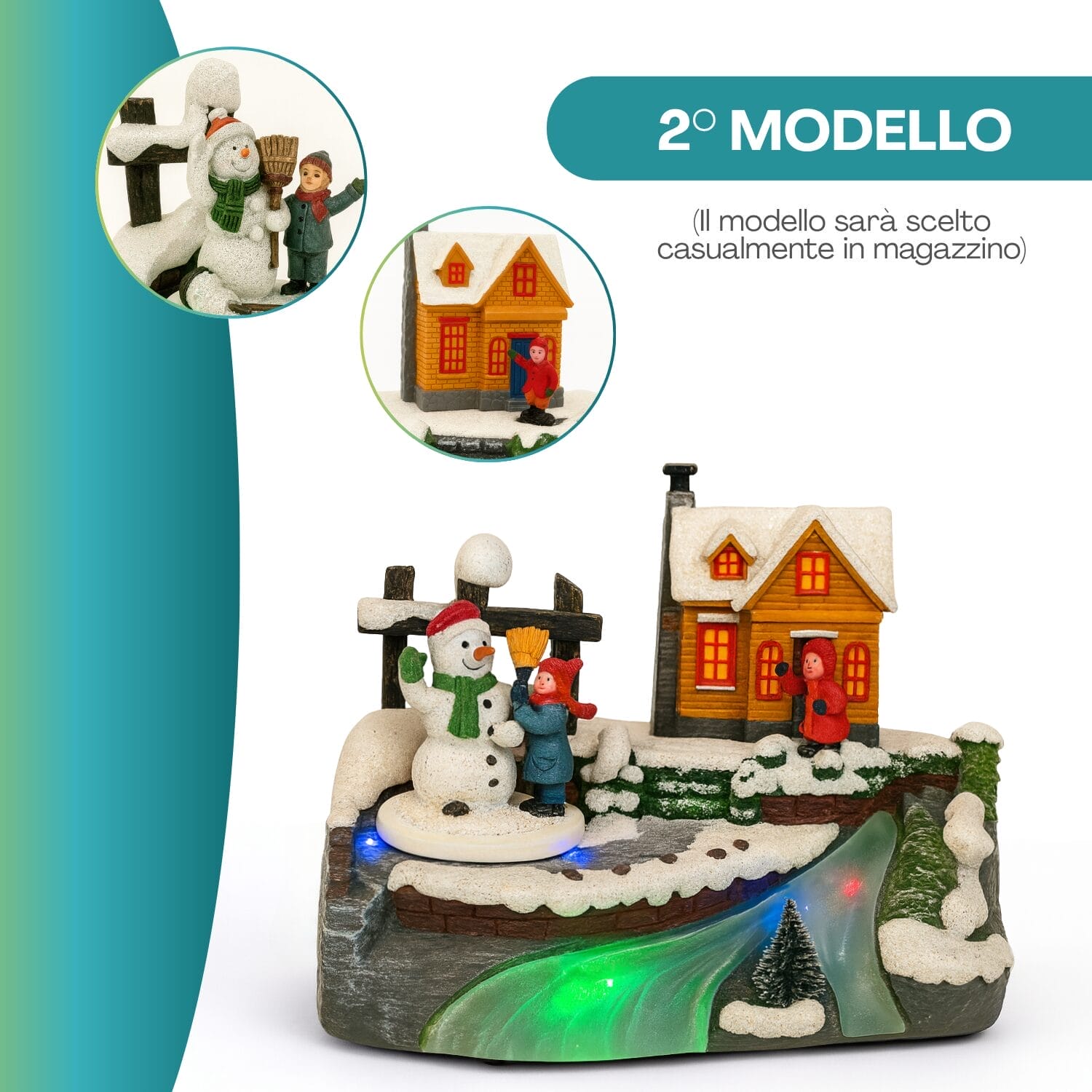 Villaggio di Natale luminoso con Babbo Natale, casetta e decorazioni innevate