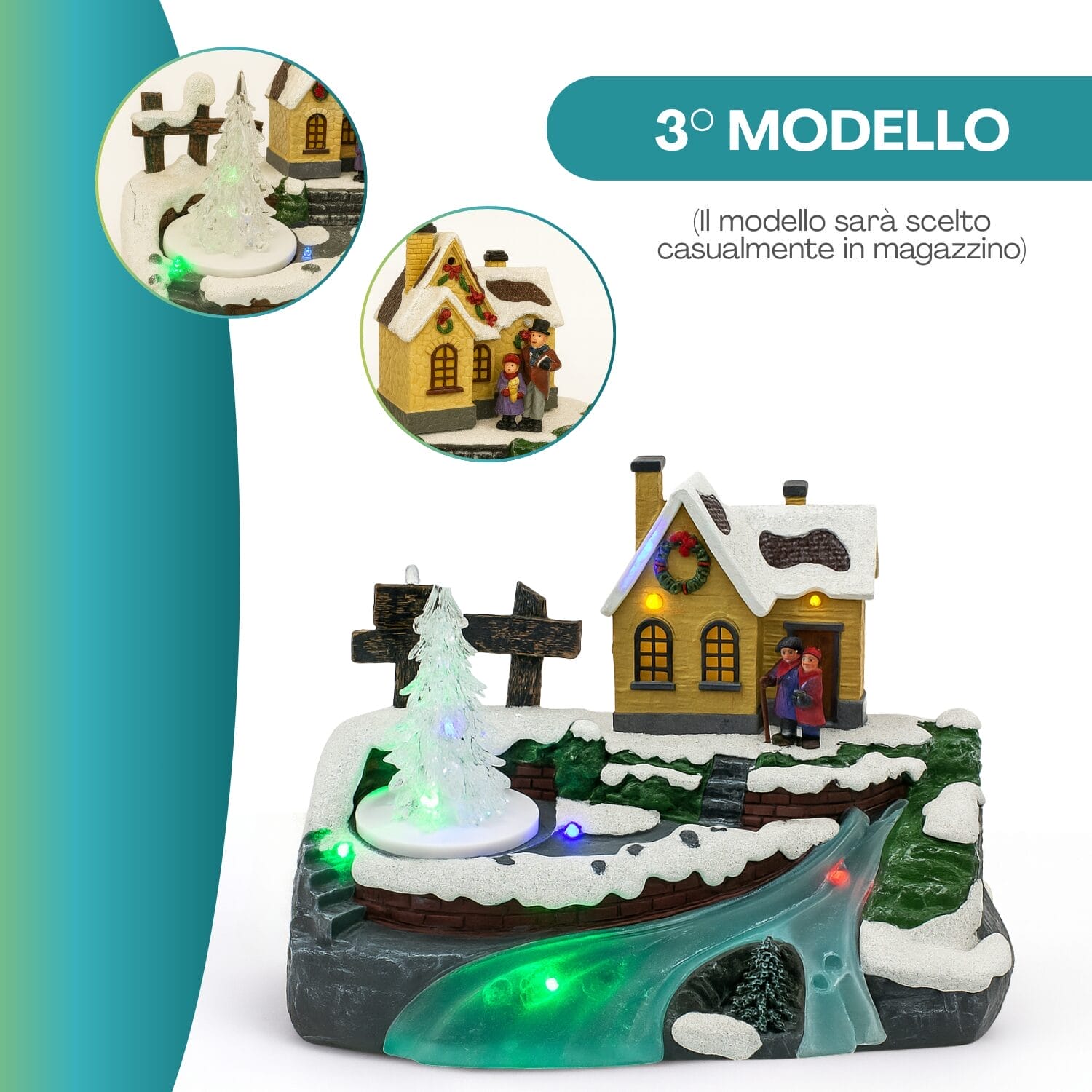 Villaggio di Natale luminoso con Babbo Natale, casetta e decorazioni innevate