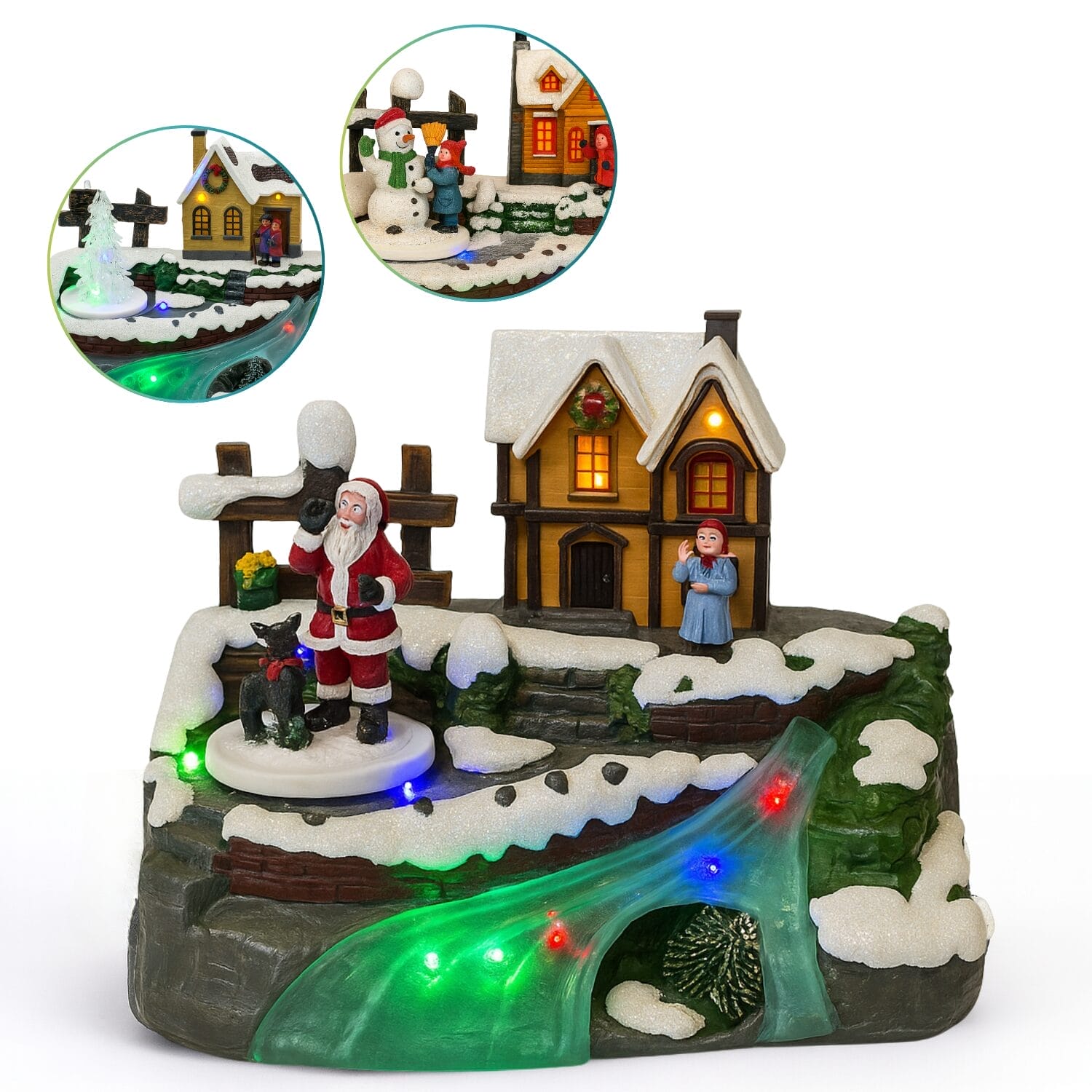 Villaggio natalizio luminoso con Babbo Natale e casetta innevata con luci LED