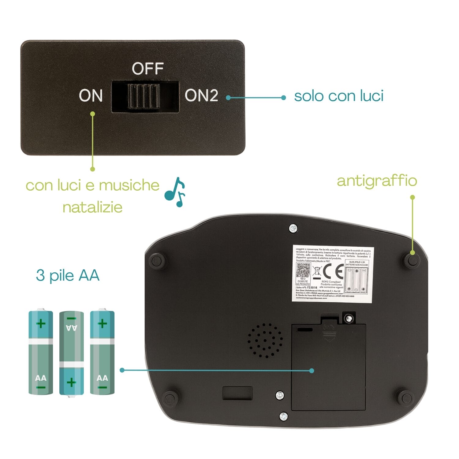giostrina-villaggio-natale-scheda-tecnica Base villaggio natalizio con interruttore luci e musica alimentato da 3 pile AA