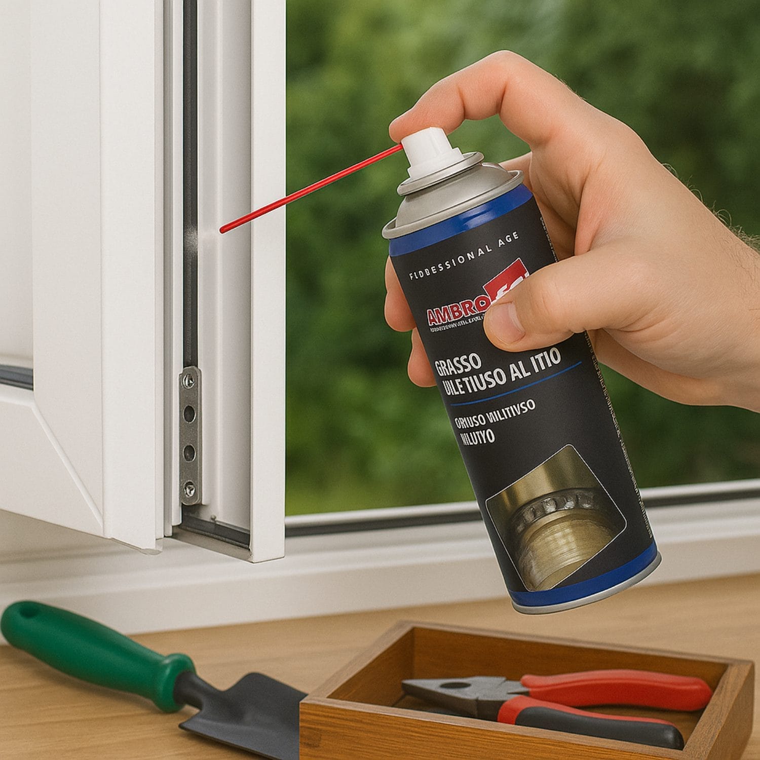 Applicazione grasso spray al litio su cerniera finestra per eliminare attrito e rumori