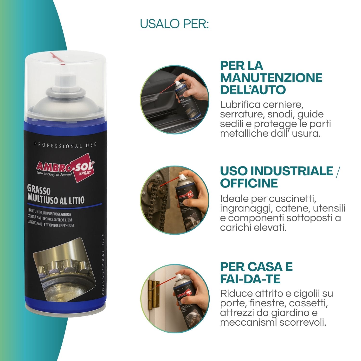 Grasso spray al litio per auto, officina e casa: lubrifica cerniere, catene e meccanismi