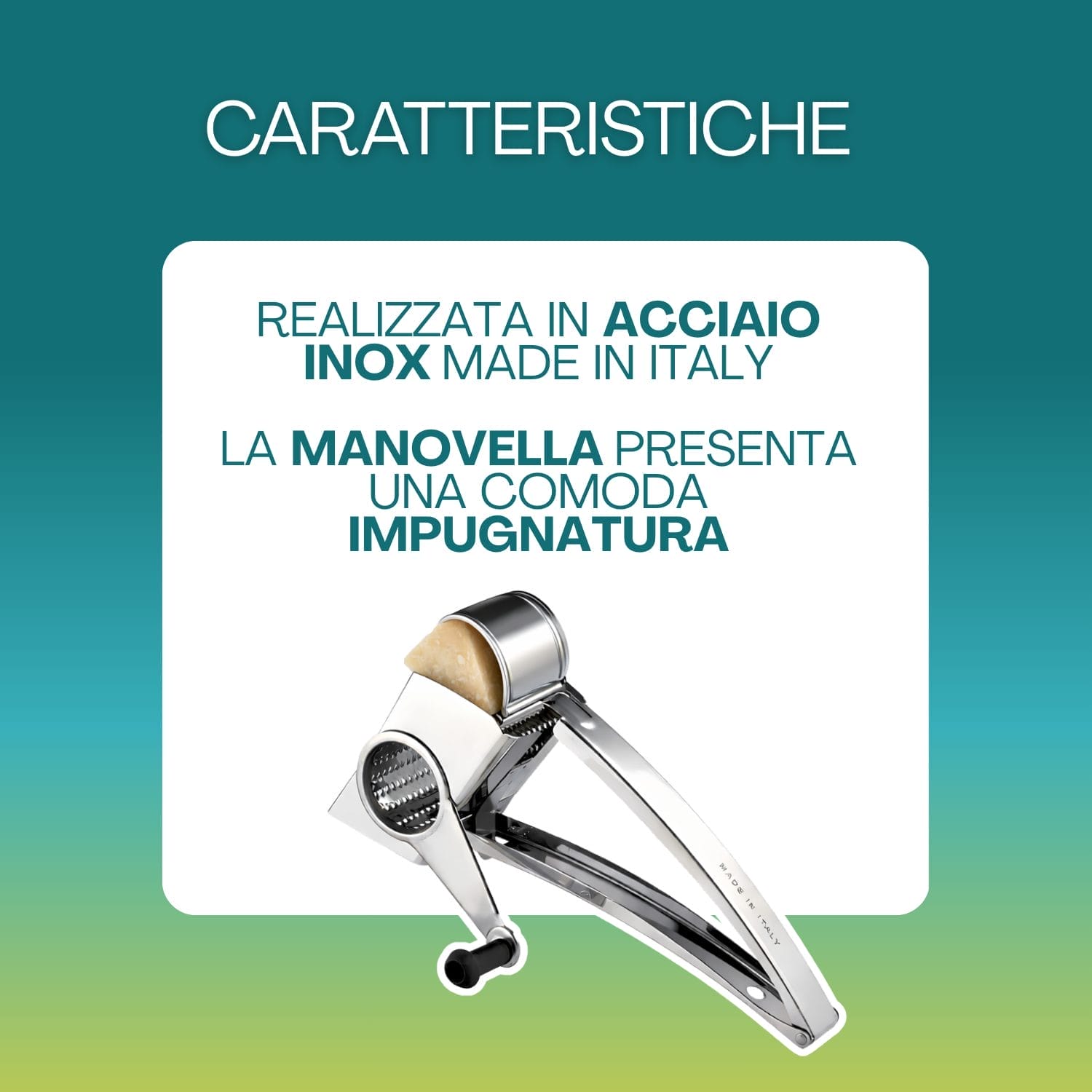 Grattugia manuale in acciaio inox Made in Italy con manovella e impugnatura ergonomica