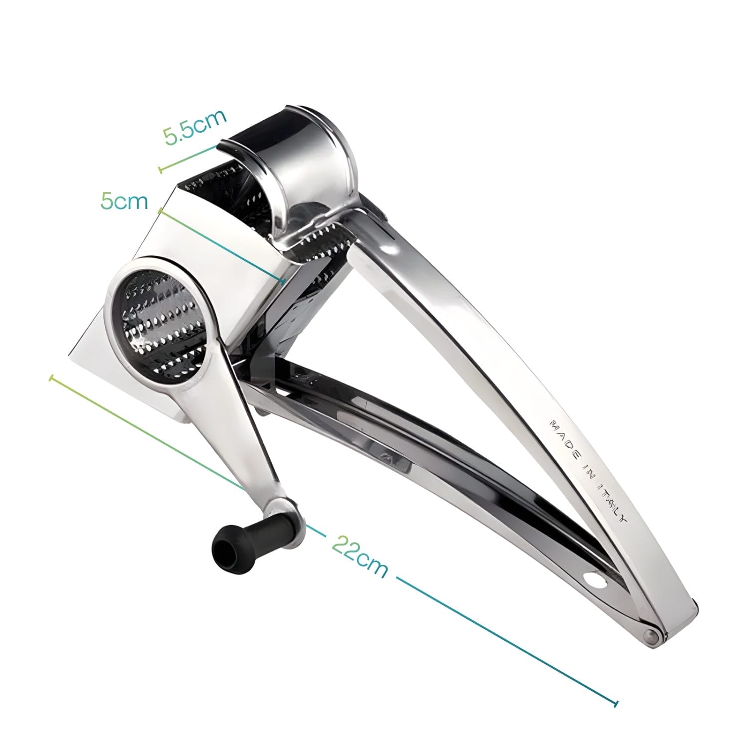 Grattugia manuale in acciaio inox con misure dettagliate e manovella ergonomica