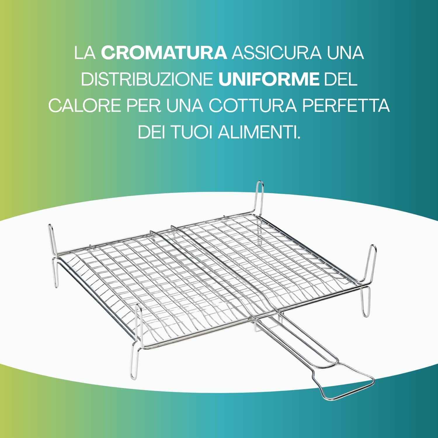 Griglia barbecue cromata per cottura uniforme di carne, pesce e verdure