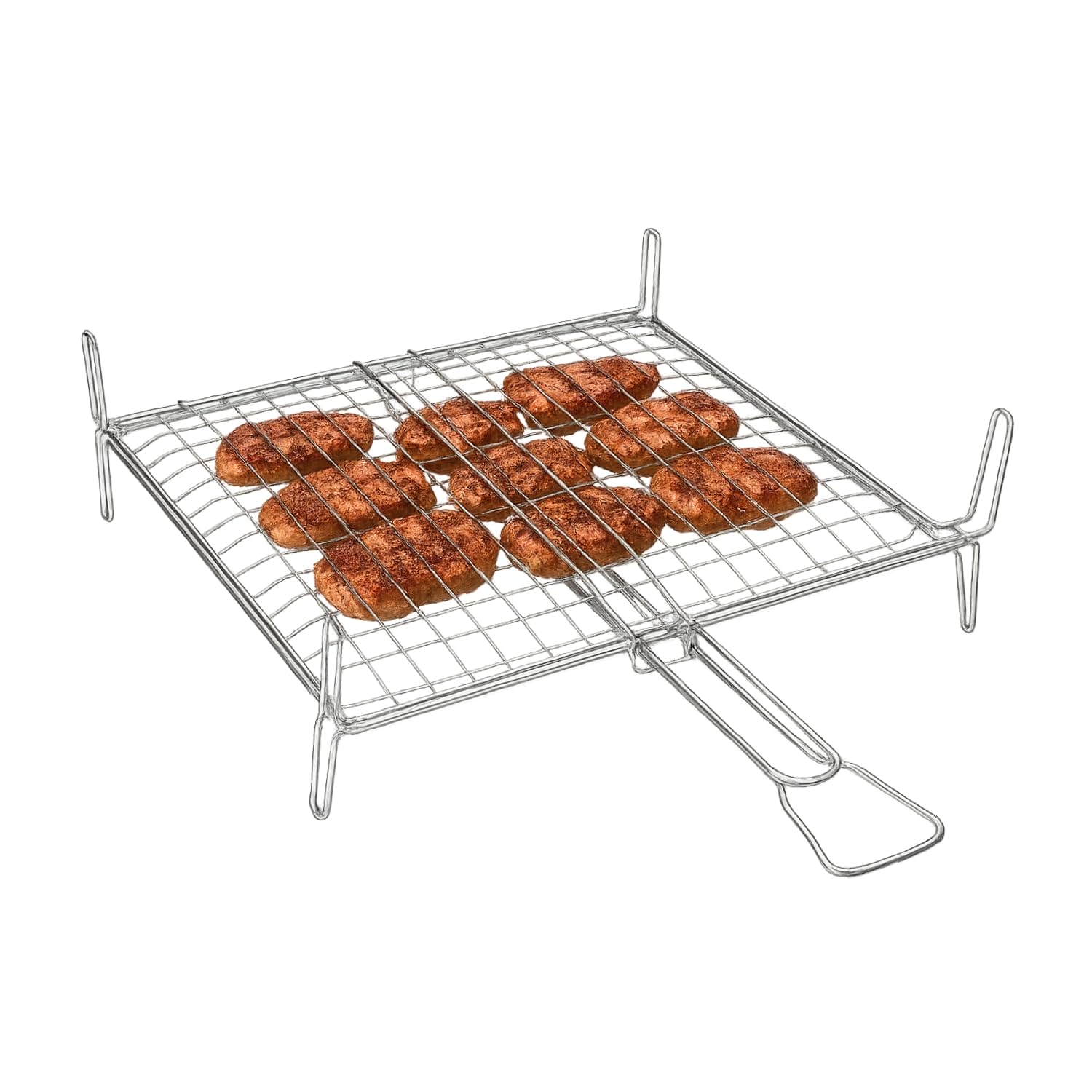 Griglia cromata doppia 35×35 cm con manico a conchiglia, per barbecue carne e pesce