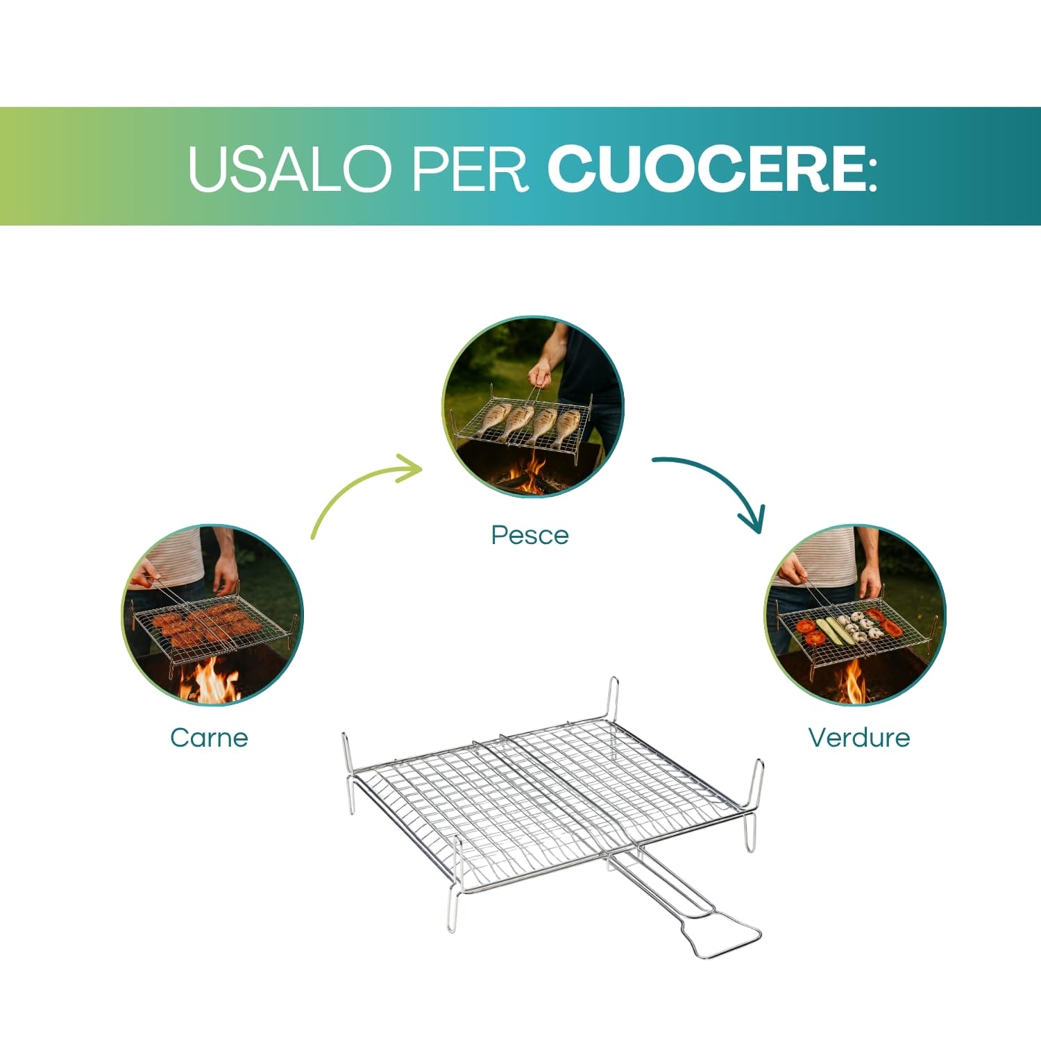 Griglia barbecue per carne, pesce e verdure con supporti angolari e manico lungo