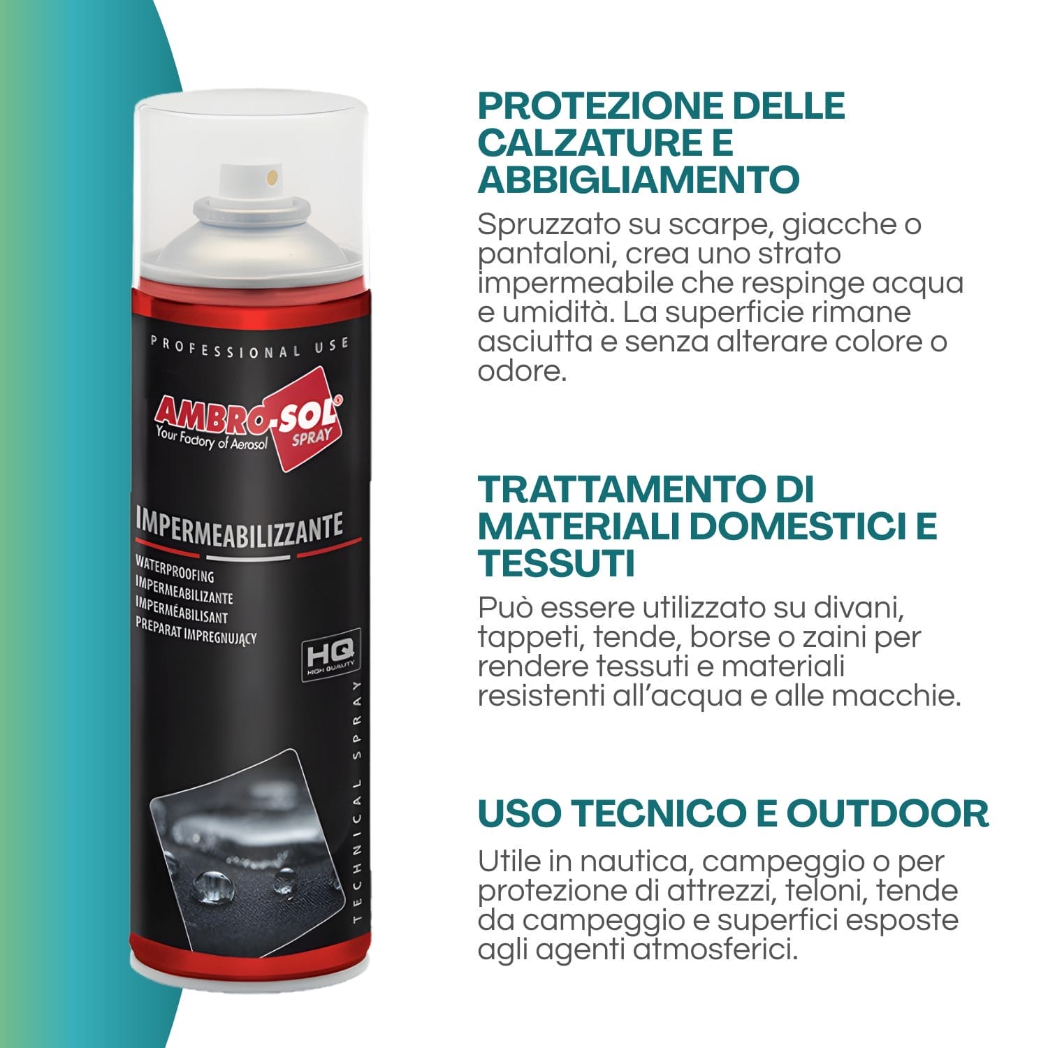 Impermeabilizzante spray Ambro-Sol per calzature, abbigliamento, tessuti e attrezzature outdoor