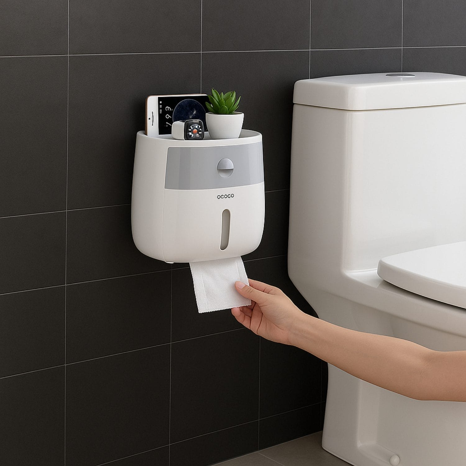 Utilizzo carta igienica intercalata con dispenser murale in bagno moderno