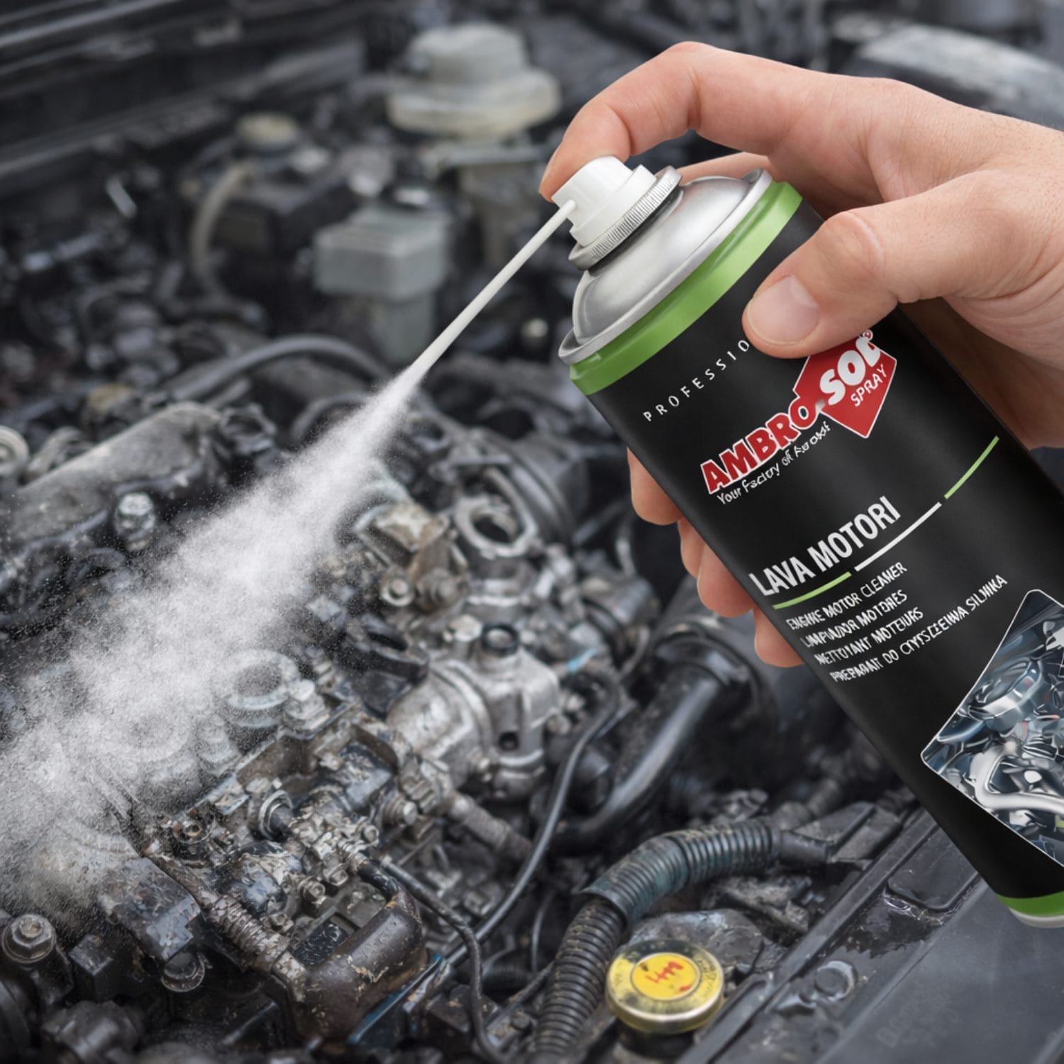 Lava motori Ambro-Sol spray 400 ml in uso su motore auto per rimuovere grasso e sporco