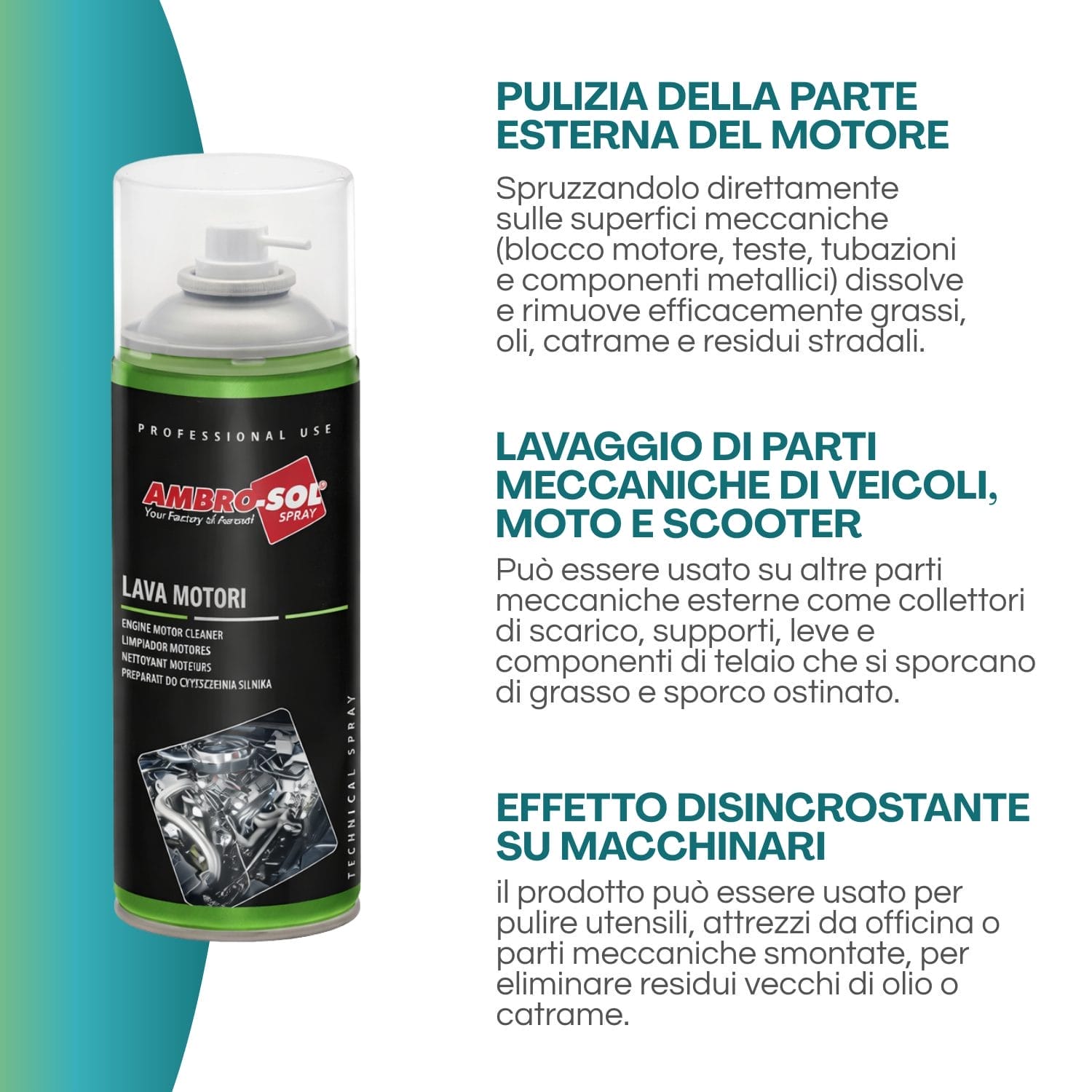 Lava motori Ambro-Sol rimuove grasso, olio e residui da motori e macchinari