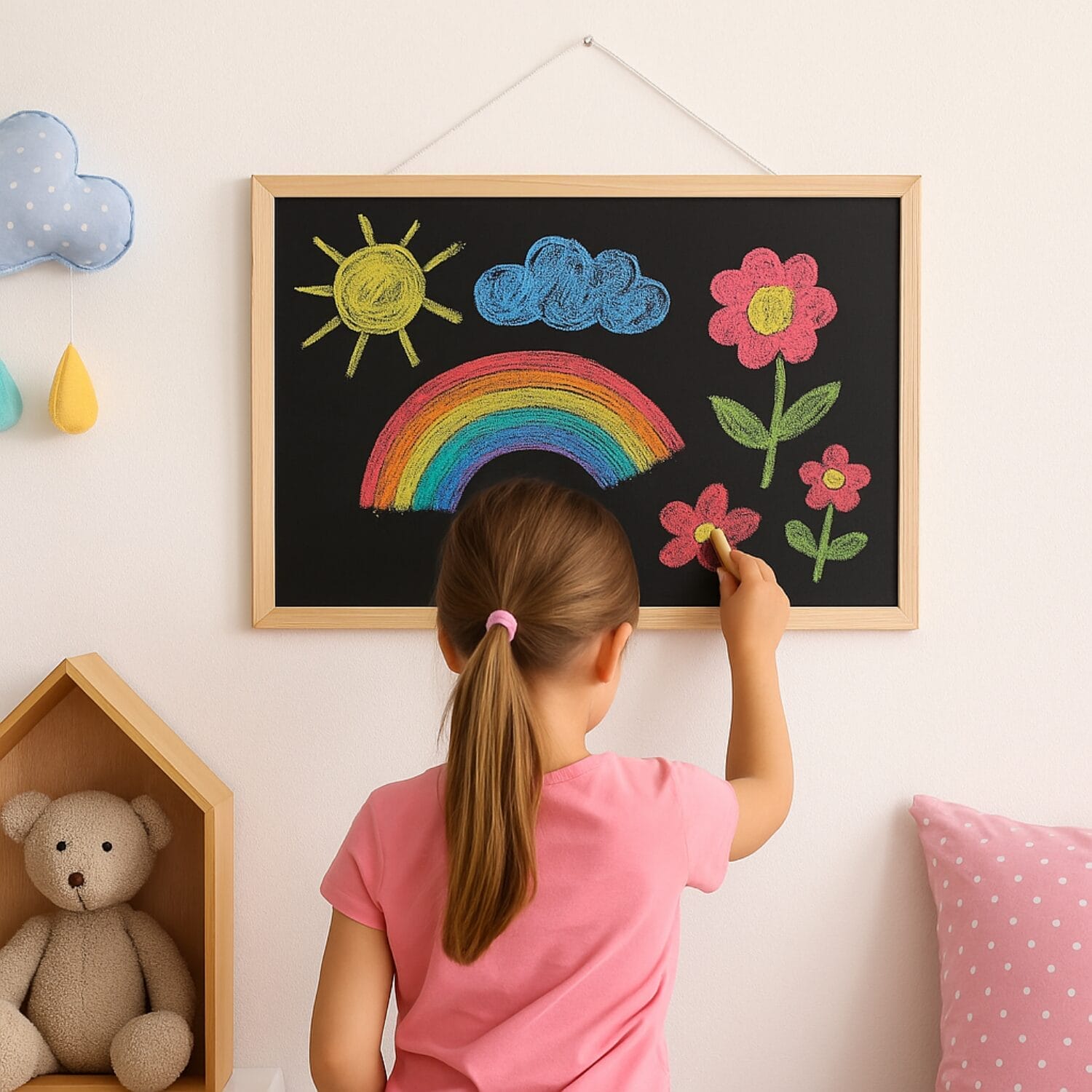 Lavagna nera con cornice in legno per bambini completa di gessetti colorati