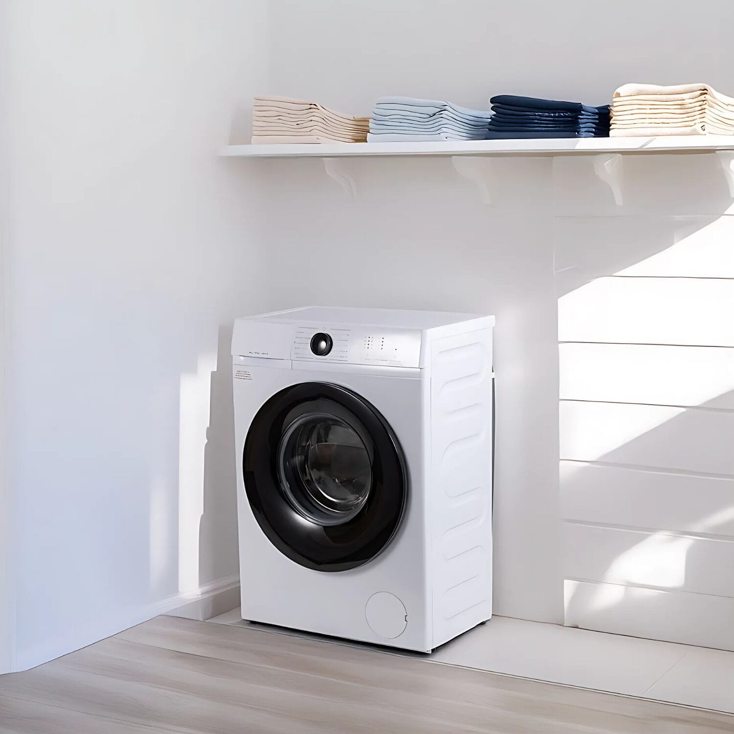 Lavatrice slim bianca 6kg in ambiente lavanderia moderna