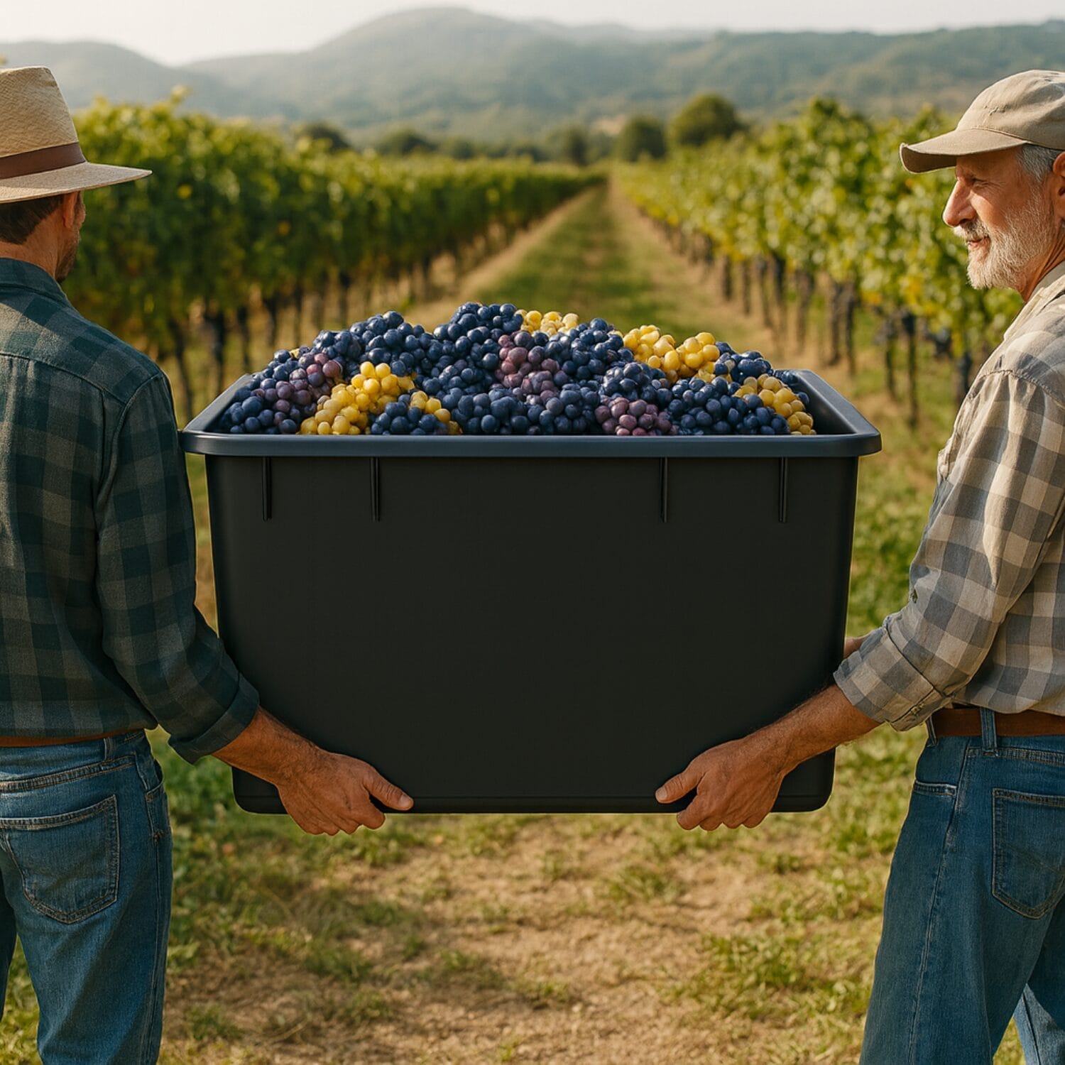 mastellone-coreografica1 Mastellone plastica nera 250L raccolta uva vigneto vendemmia