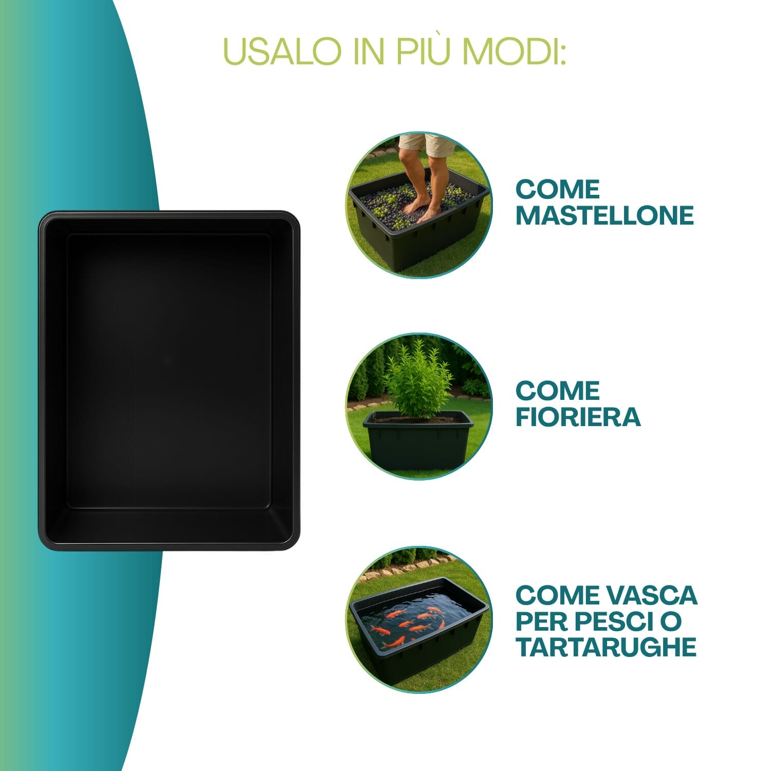 mastellone-utilizzi Mastellone nero multiuso 250L per vendemmia fioriera vasca pesci