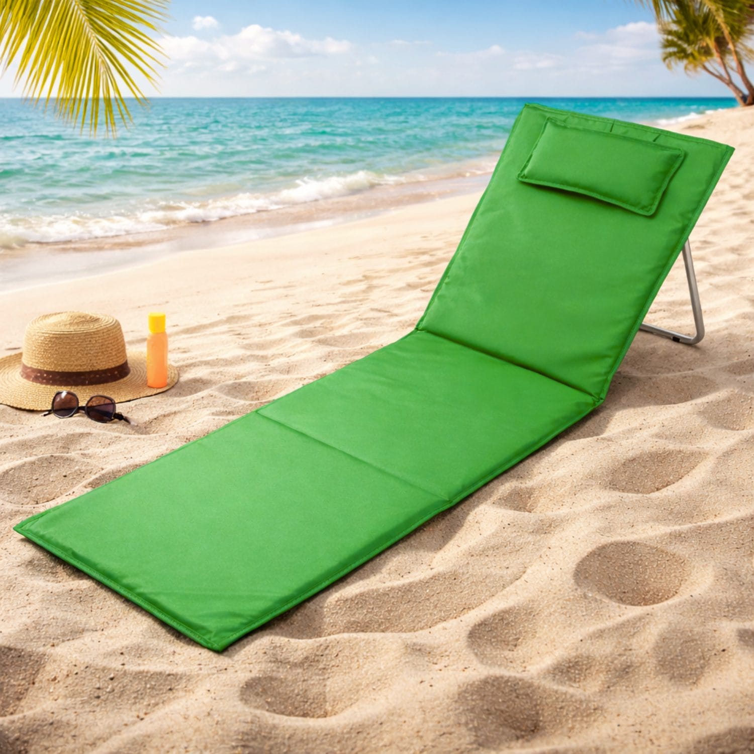 Stuoia mare verde con schienale regolabile e cuscino posizionata sulla spiaggia