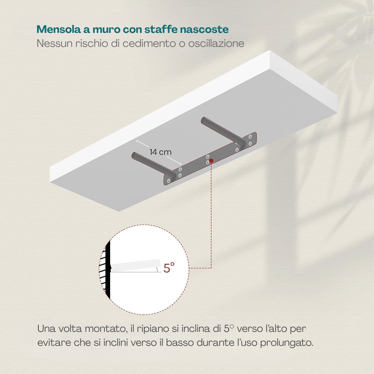 Sistema di fissaggio mensola a muro con staffe nascoste e inclinazione di sicurezza a 5 gradi