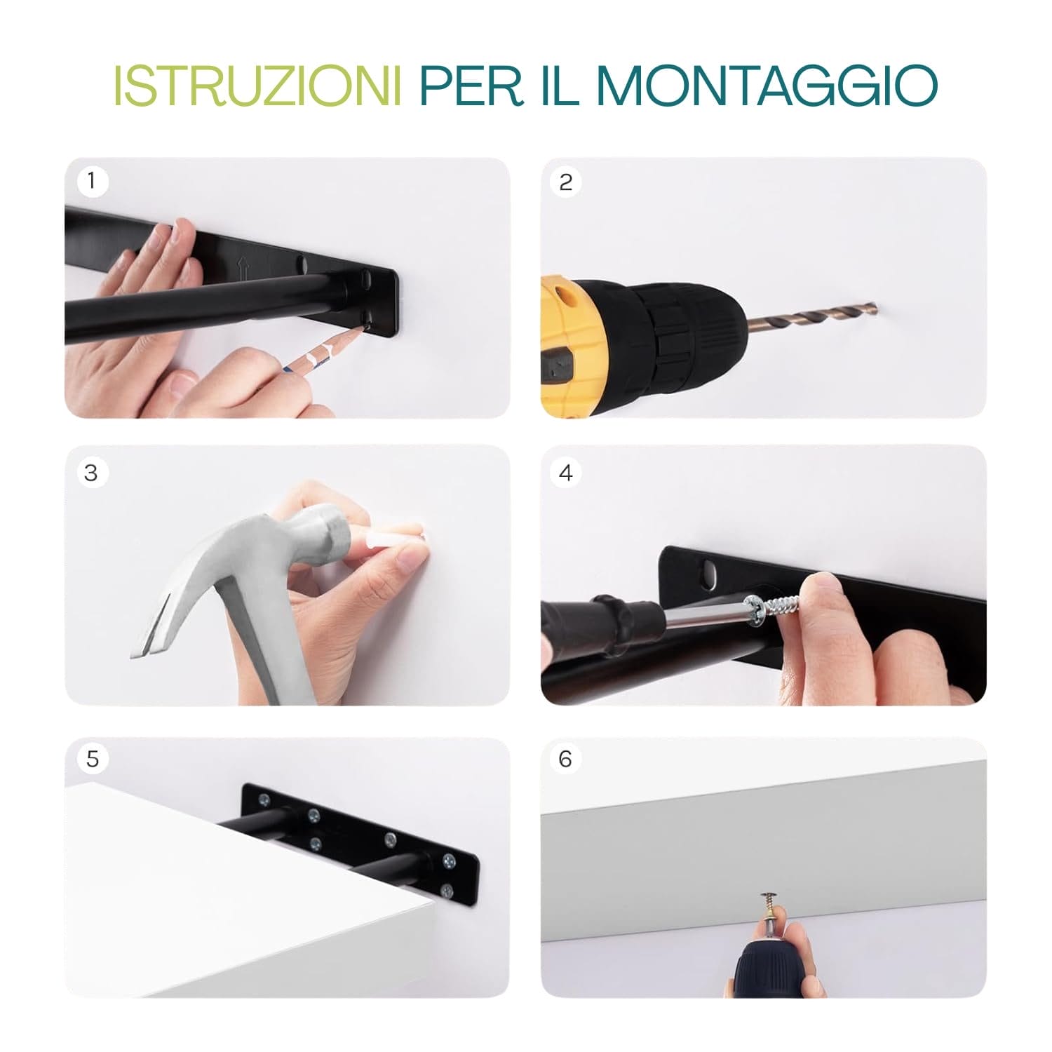 Fasi di montaggio mensola a muro con staffe invisibili, installazione semplice e guidata