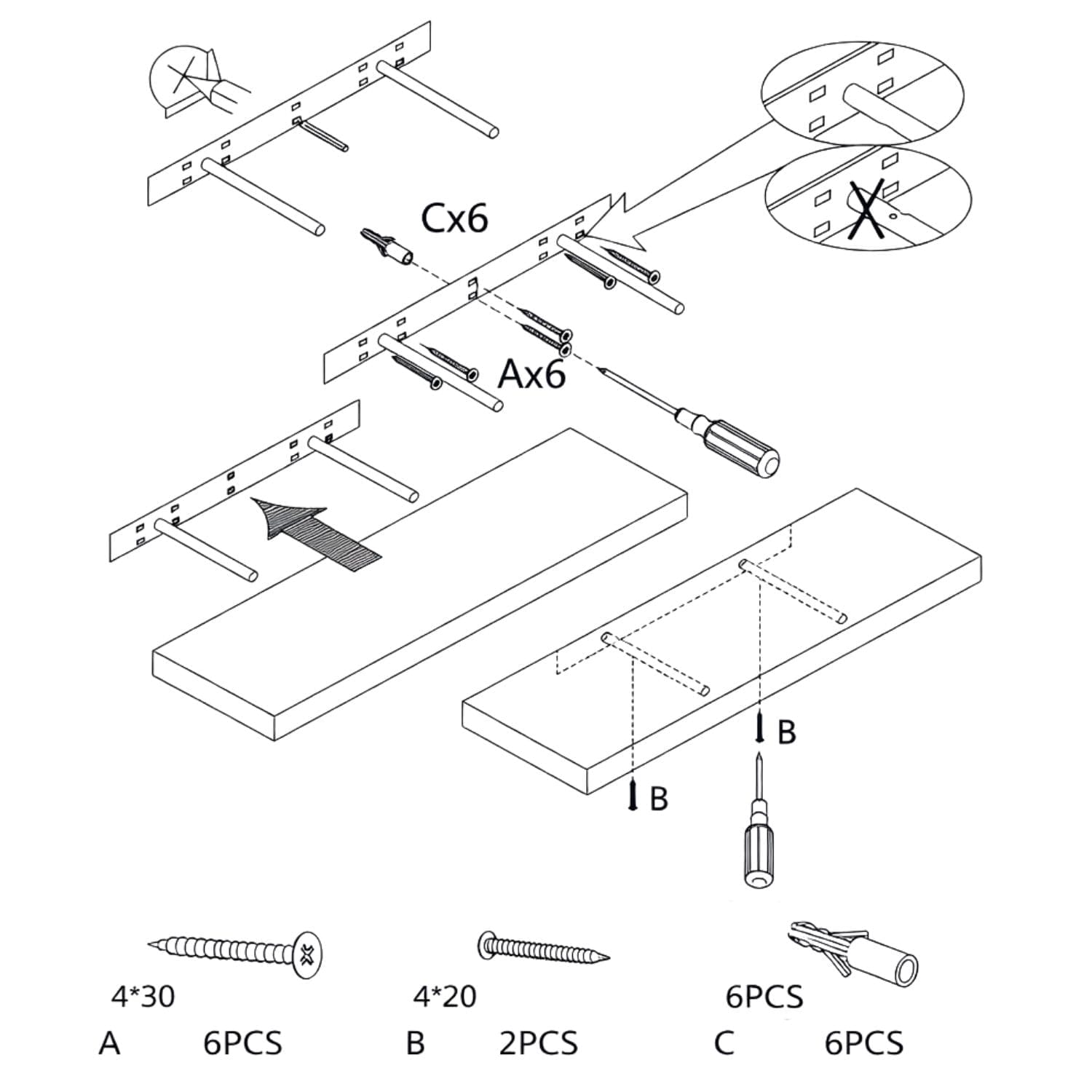 Istruzioni per il montaggio illustrate in bianco e nero con schema passo-passo, viti e tasselli identificati e disegno tecnico dei componenti su sfondo bianco.