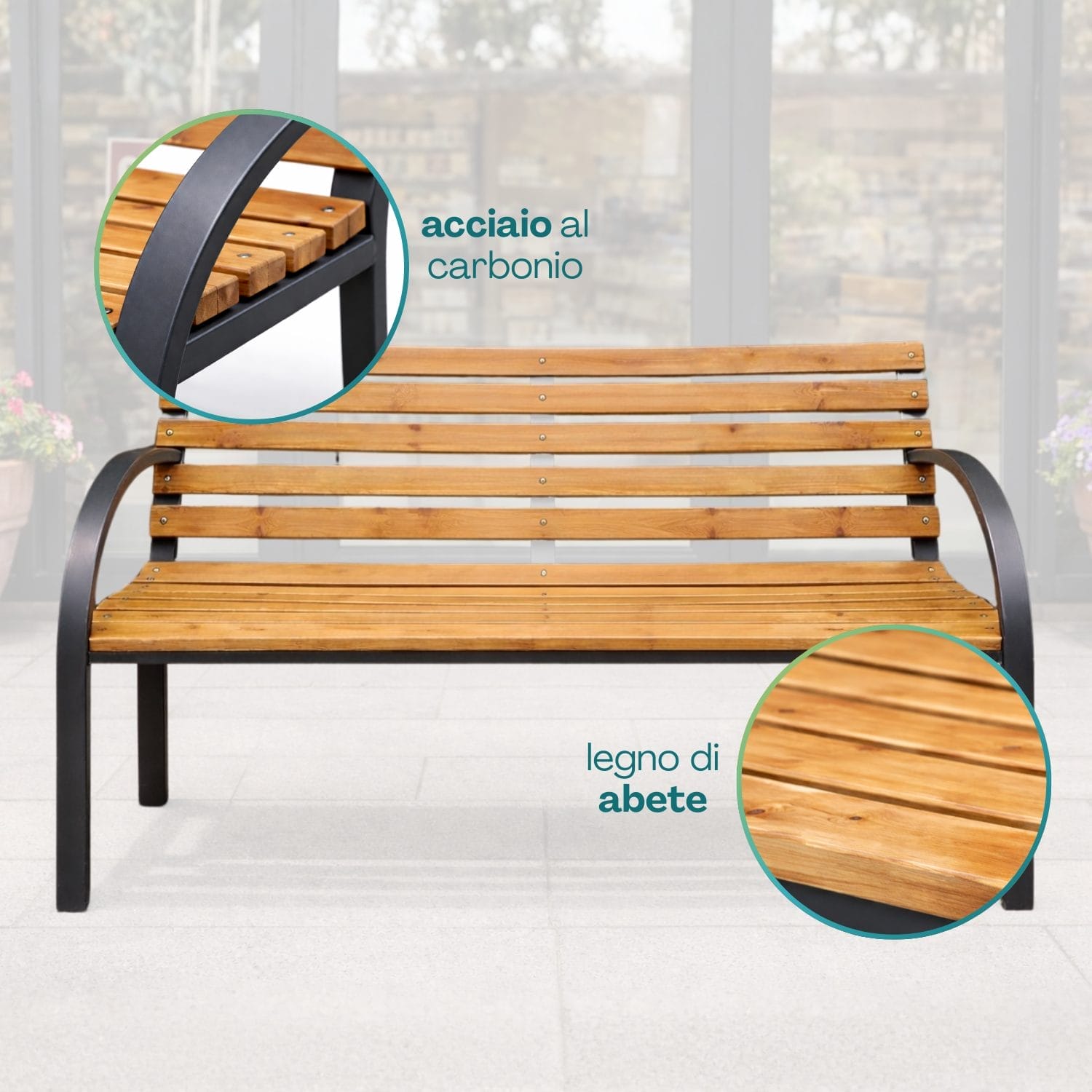 panchina in legno materiali Dettaglio panchina da giardino con struttura in acciaio al carbonio e seduta in legno di abete resistente