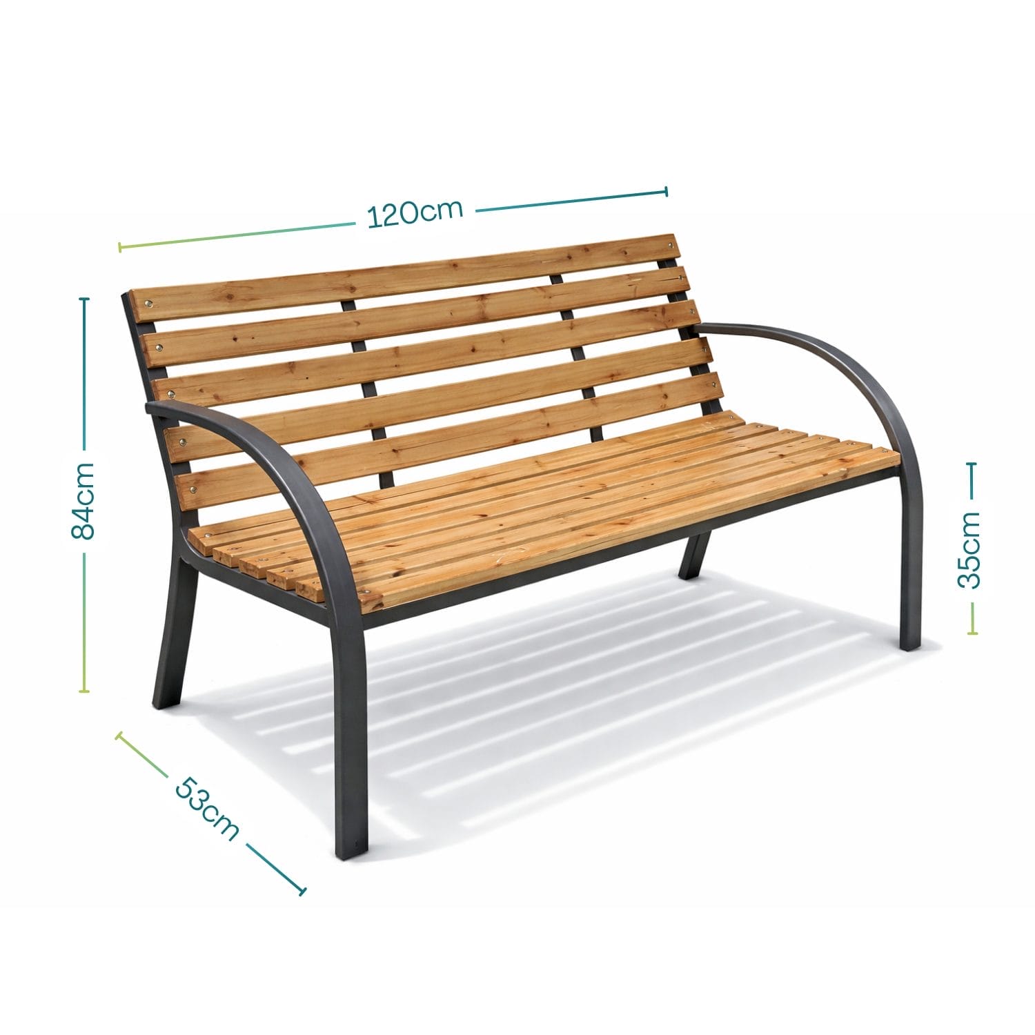 Panchina in legno da esterno con dimensioni 120x53 cm, altezza 84 cm e seduta a 35 cm da terra