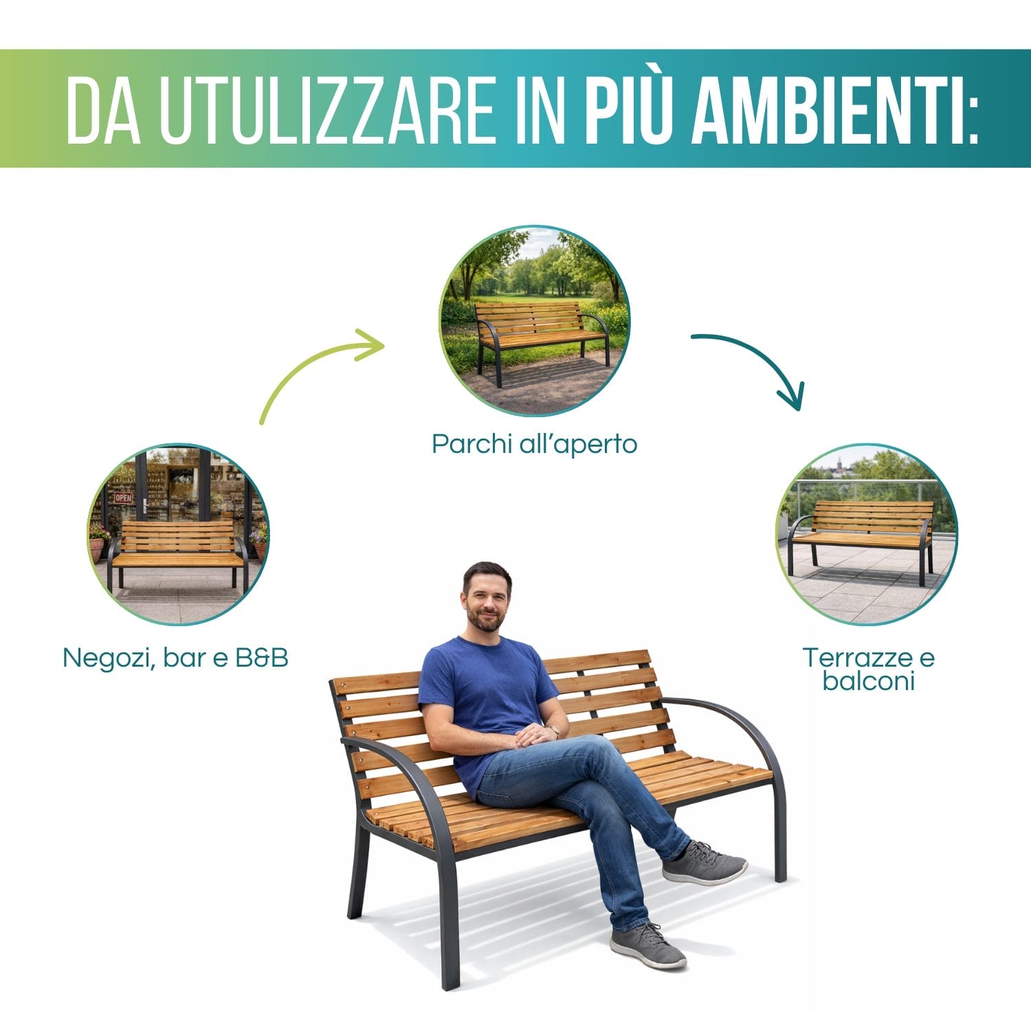 Panchina in legno versatile per parchi, terrazze, balconi, negozi, bar e strutture ricettive