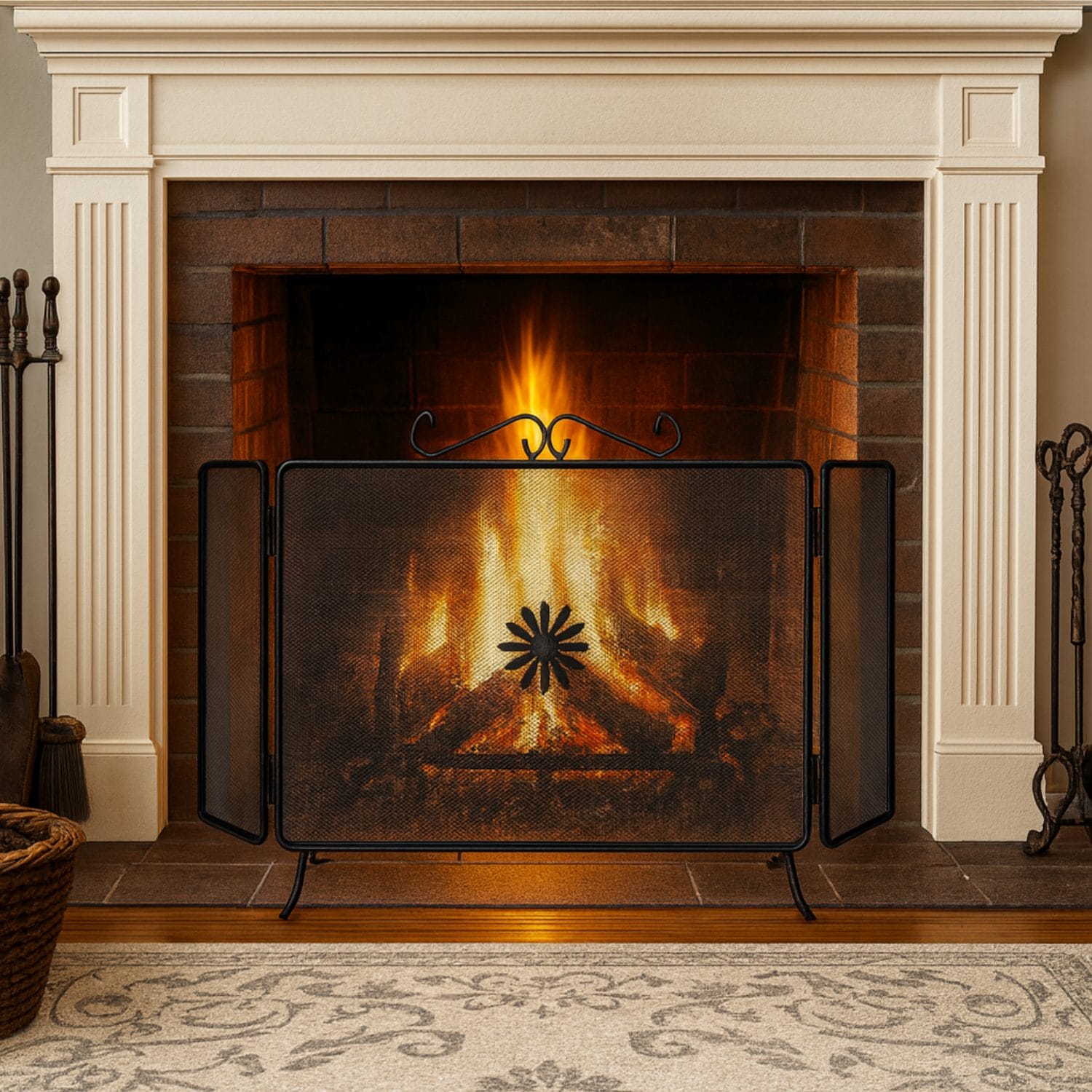 parascintille coreografica Parascintille in ferro battuto a 3 pannelli davanti a camino acceso, protezione antiscintille