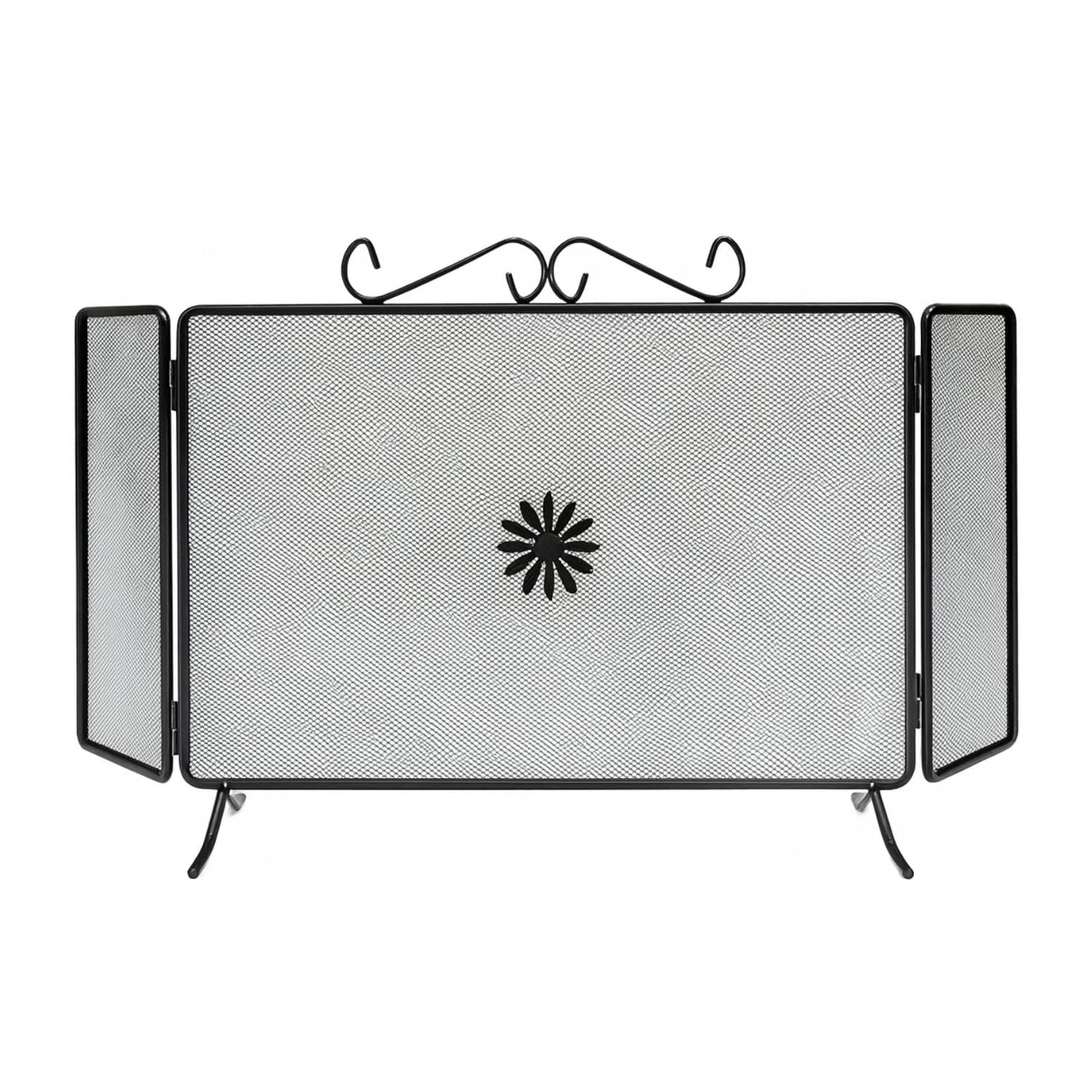 Parascintille a 3 ante in ferro battuto con rete fine e decorazione centrale a fiore